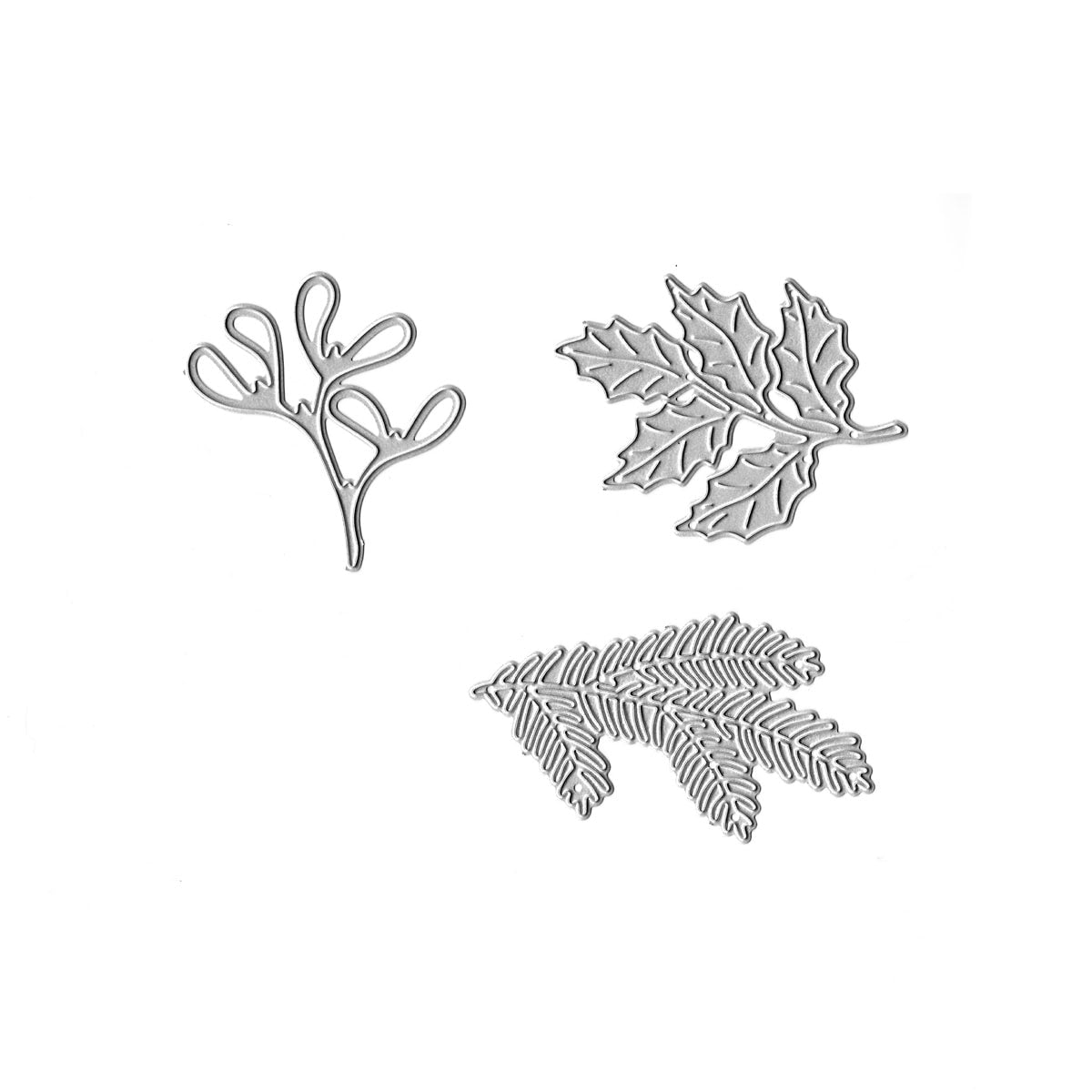Drei metallische Blätter und Tannenzweige aus der "Stanzschablone Tannenzweig & Herbstblätter" von Stanzenshop.de sind auf weißem Hintergrund abgebildet - ideal für Naturdeko oder kreative Herbst-Bastelprojekte.