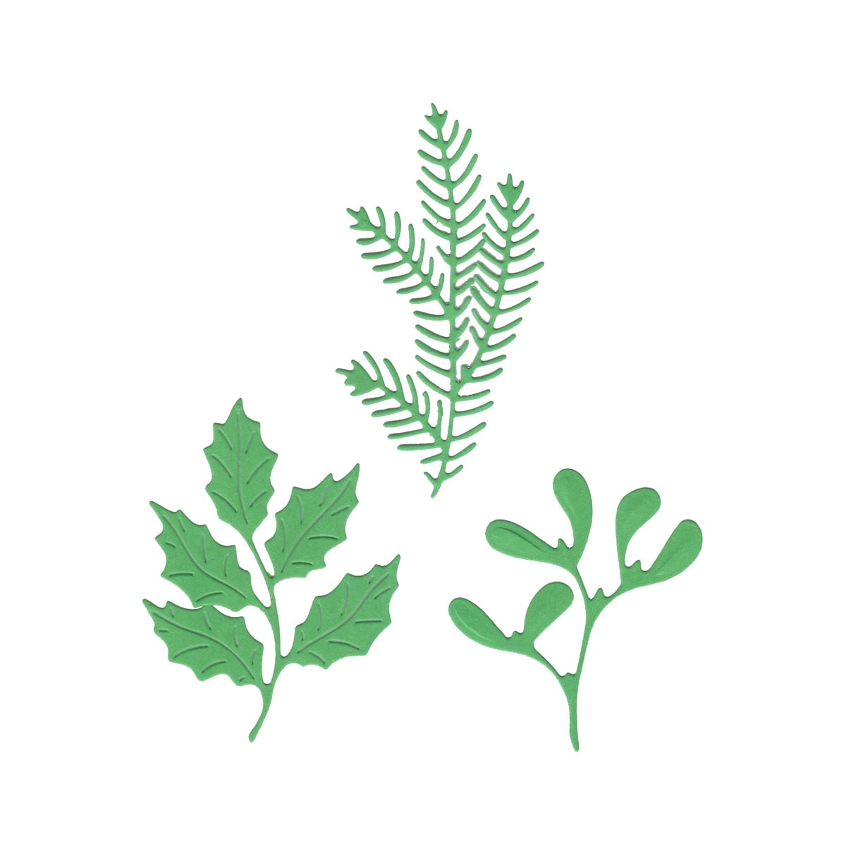 Drei grüne Papierausschnitte aus der Stanzschablone Tannenzweig & Herbstblätter von Stanzenshop.de mit Stechpalmen, Blättern und Misteln - perfekt, um Ihren Herbstbasteleien ein festliches Flair zu verleihen.