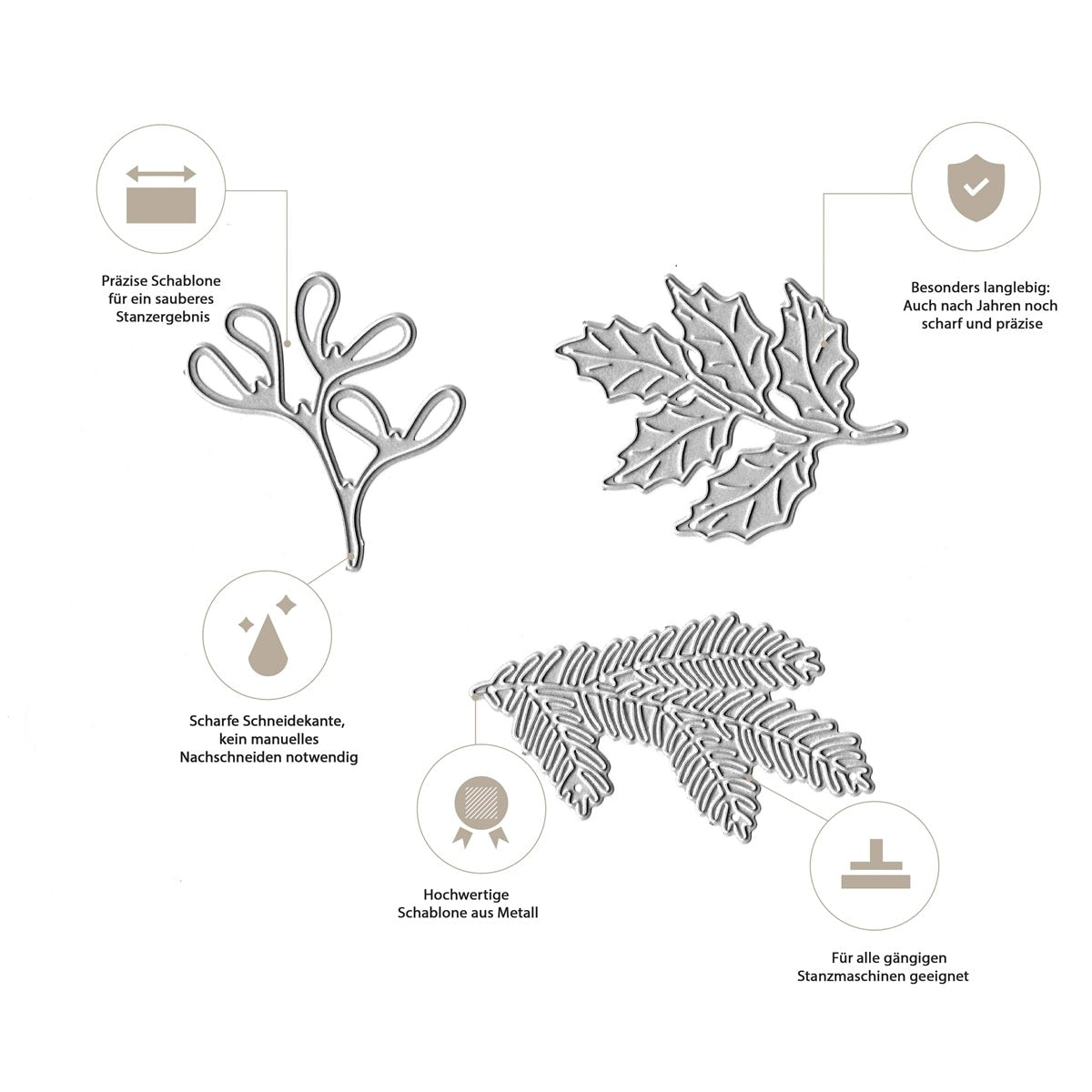 Die Stanzschablone Tannenzweig & Herbstblätter von Stanzenshop.de enthält drei Metallschablonen für Herbst Bastelprojekte, mit deutschen Symbolen/Texten, die Schärfe, Haltbarkeit und Verwendung in Naturdeko angeben.