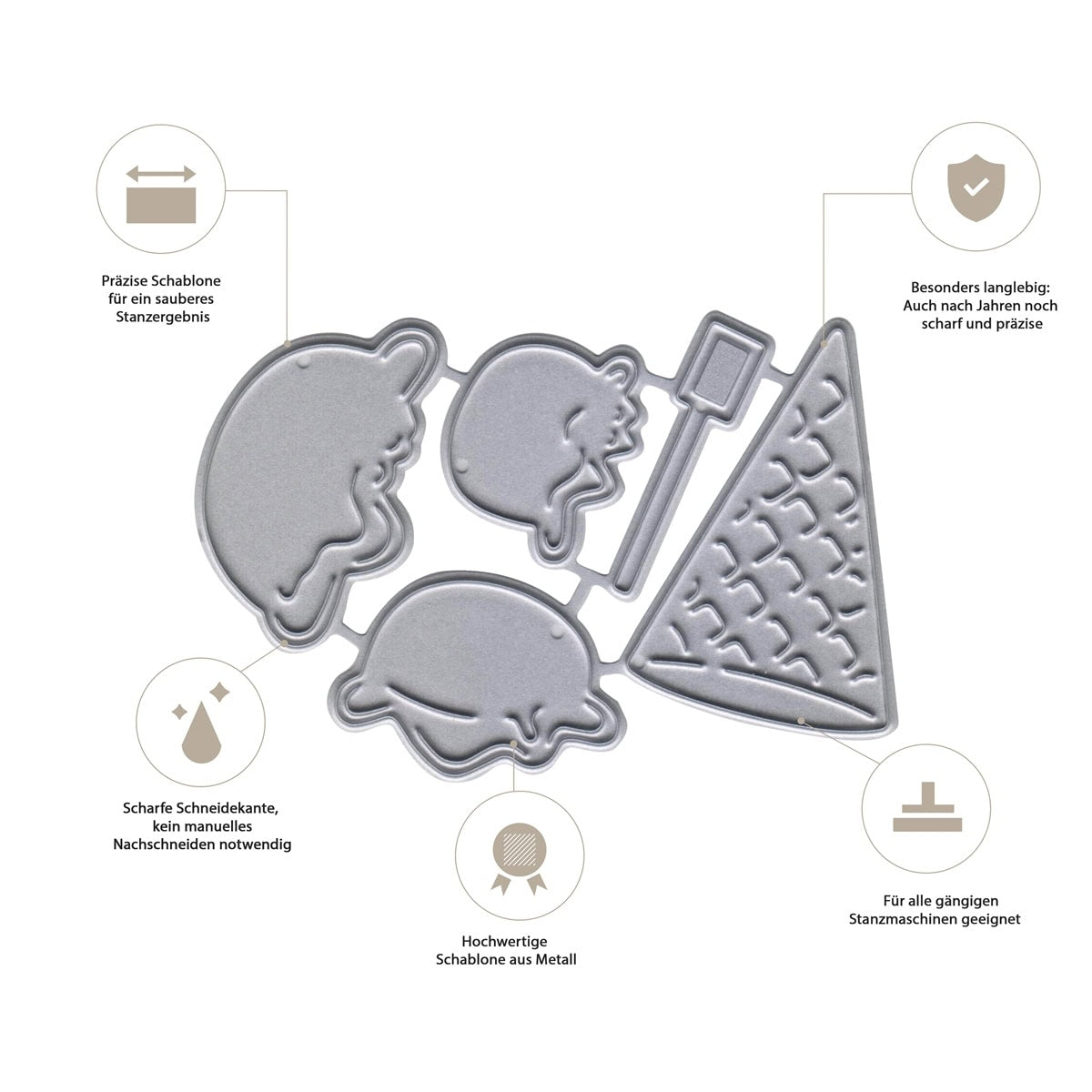 Die Stanzschablone Eistüte mit Eiskugeln von Stanzenshop.de schneidet präzise Eis, Kugeln & Stiele - perfekt als Eisschablone für kreative Bastelideen und tolle Geschenkideen! Hochwertig, scharf und langlebig.