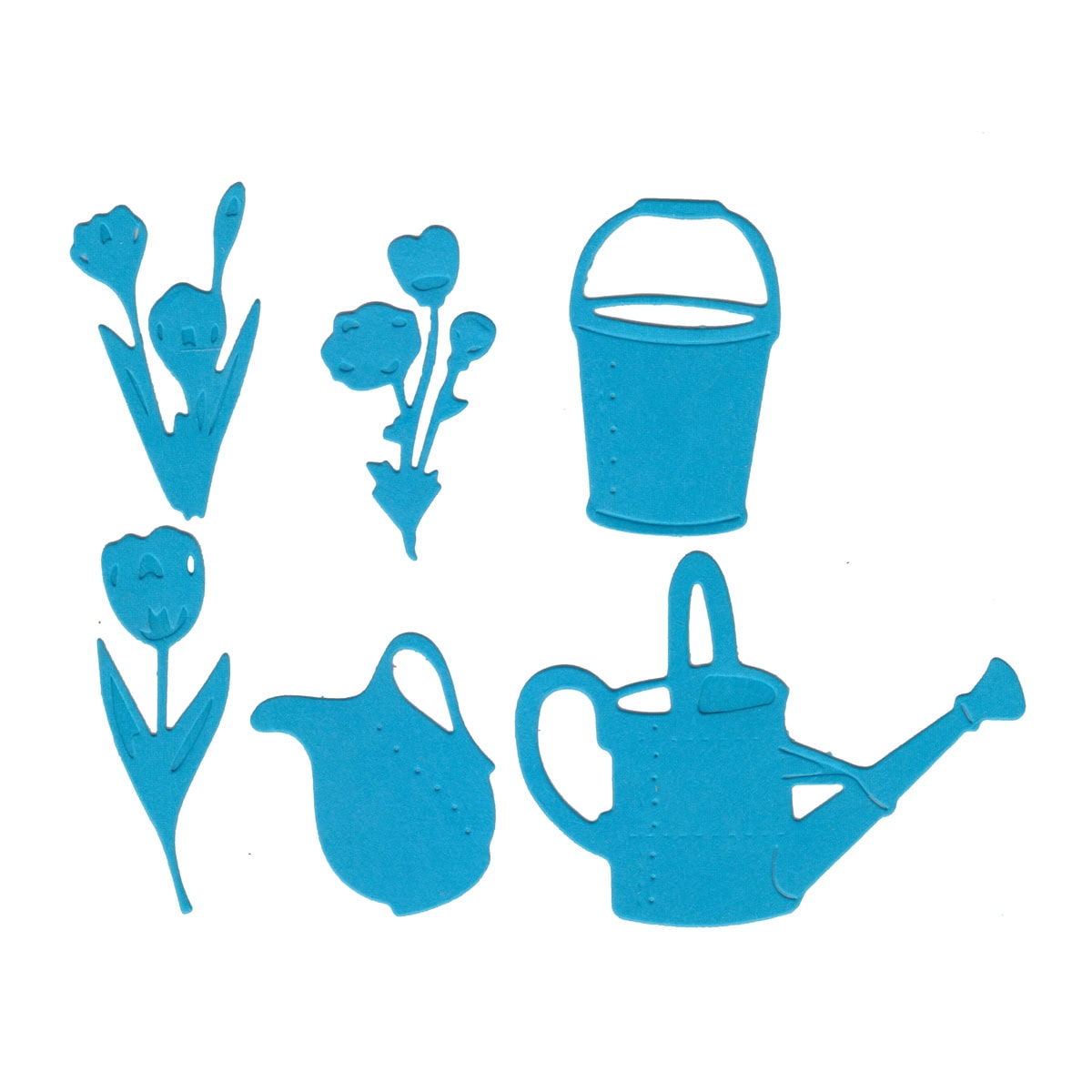 Ordnen Sie die ausgestanzten Frühlingsblumen und die Gießkanne der Stanzschablone "Gießkanne & Frühlingsblumen" von Stanzenshop.de auf weißem Hintergrund an - ideal für fröhliche Frühlingskarten.