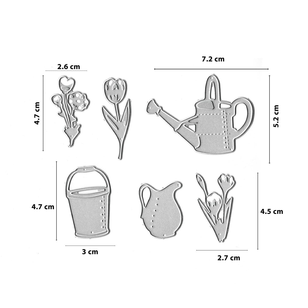 Die Stanzschablone Gießkanne & Frühlingsblumen von Stanzenshop.de enthält sechs Metallformen - Blumen, Tulpen, Gießkanne, Eimer und Krug - mit Zentimetermaßen, ideal für kreative Frühlingskarten.