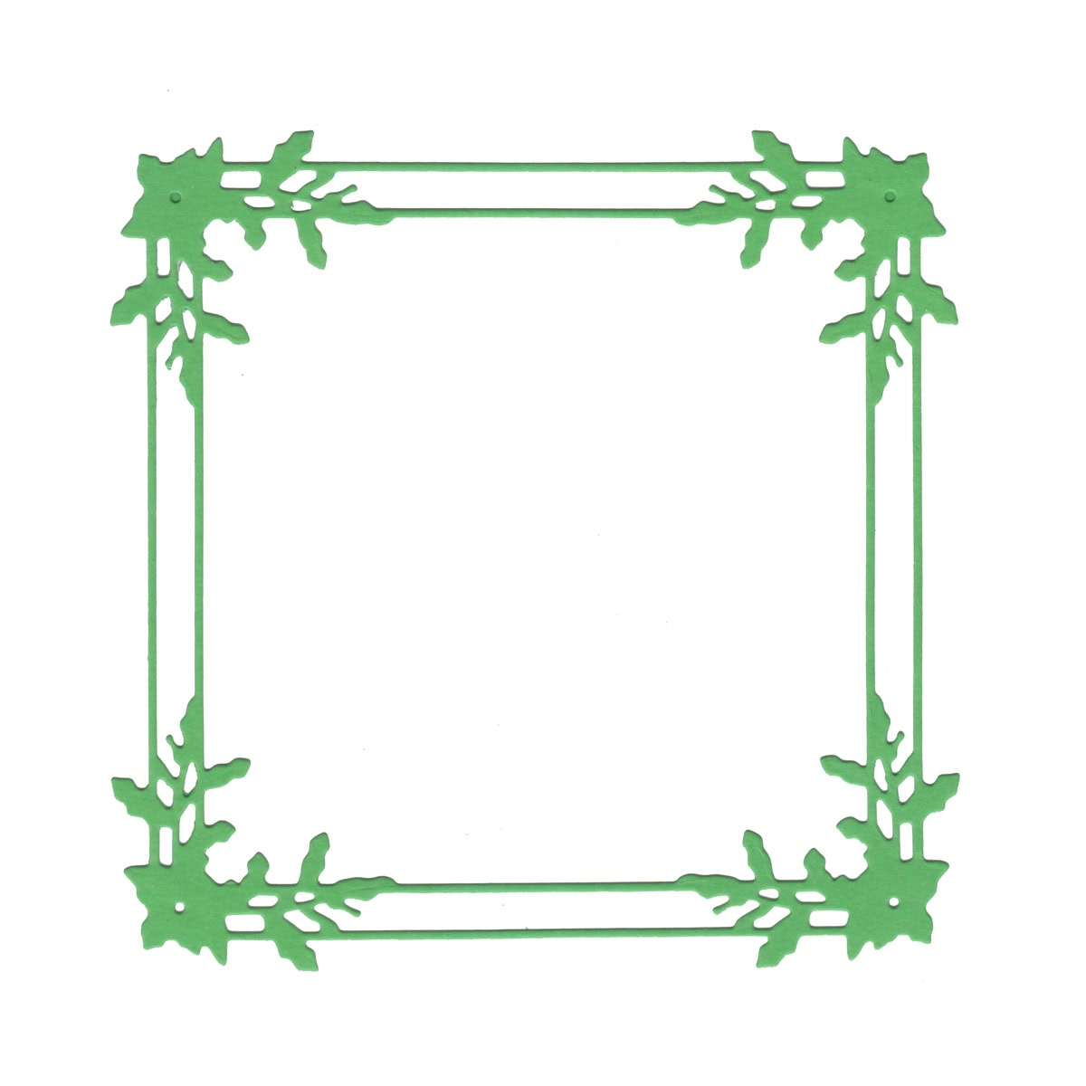 Die Stanzschablone Rahmen mit Blumenzweigen von Stanzenshop.de ist ein quadratischer grüner Rahmen mit blattähnlichen Akzenten an jeder Ecke, ideal um winterliche Projekte auf weißem Hintergrund hervorzuheben.