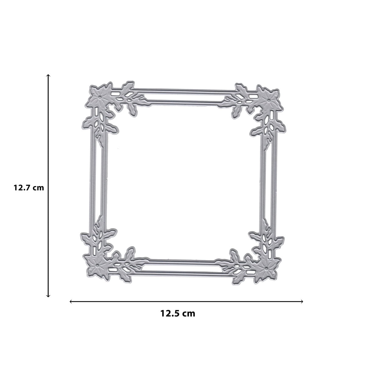 Die "Stanzschablone Rahmen mit Blumenzweigen" von Stanzenshop.de bietet einen quadratischen silbernen Rahmen mit dekorativen Blattelementen (12,7 x 12,5 cm), perfekt für stilvolle Winterprojekte oder ganzjährige Dekoration, mit deutlich beschrifteten Maßen dargestellt.