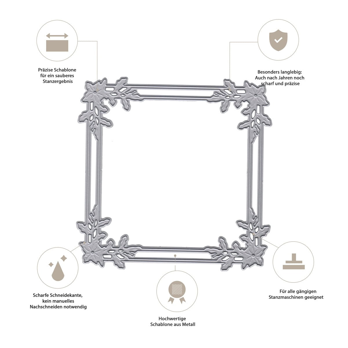 Stanzschablone Rahmen mit Blumenzweigen von Stanzenshop.de: Metallische Stanze mit dekorativen Kanten, ideal für Rahmen und Deko im Winter. Deutsche Icons zeigen Schärfe, Langlebigkeit, Präzision und Kompatibilität mit allen Stanzmaschinen.