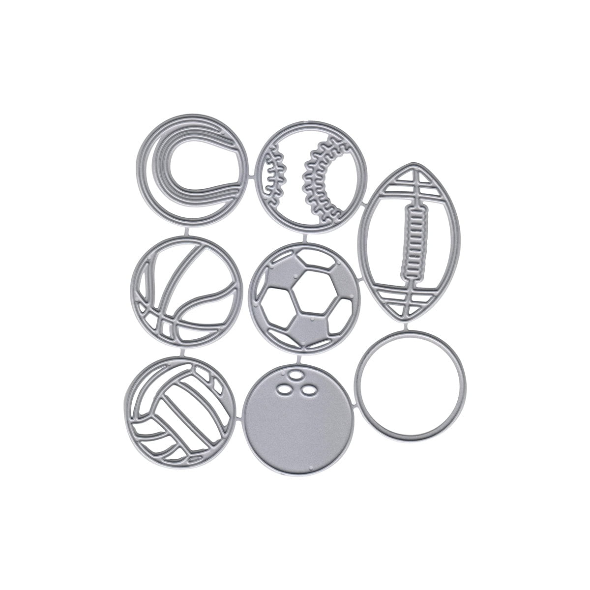 Das Set Stanzschablone Sportbälle von Stanzenshop.de enthält neun Metallstempel von runden Sportbällen - Baseball, Fußball, Basketball, Fußball, Volleyball, Bowling und mehr - die in einem Raster angeordnet sind.