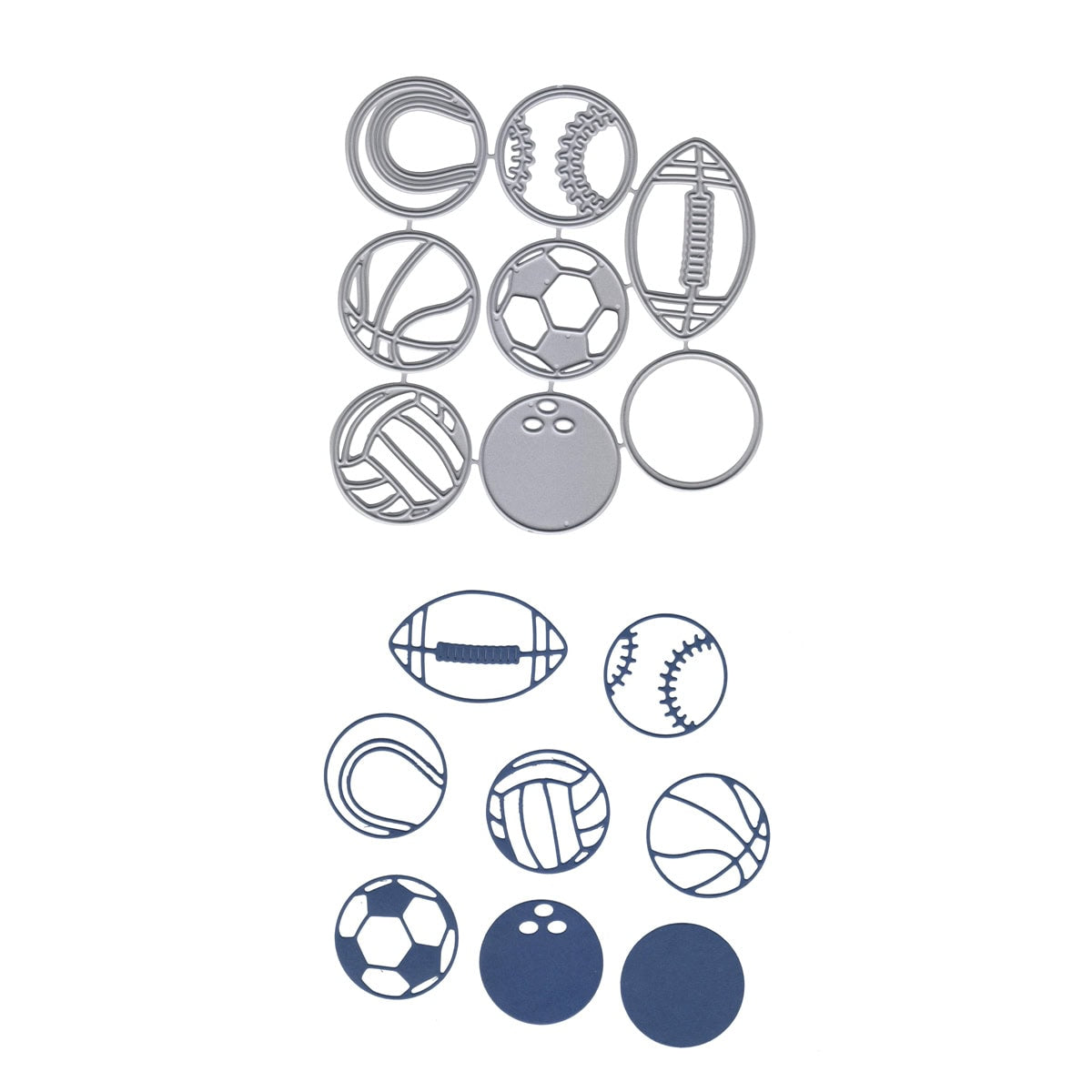 Die Stanzschablone Sportbälle von Stanzenshop.de enthält 12 gestanzte Formen von Sportbällen - Fußball, Baseball, Tennis, Basketball, Fußball, Volleyball und Bowling - ideal für sportliche Karten, sowohl im Umriss als auch gefüllt.