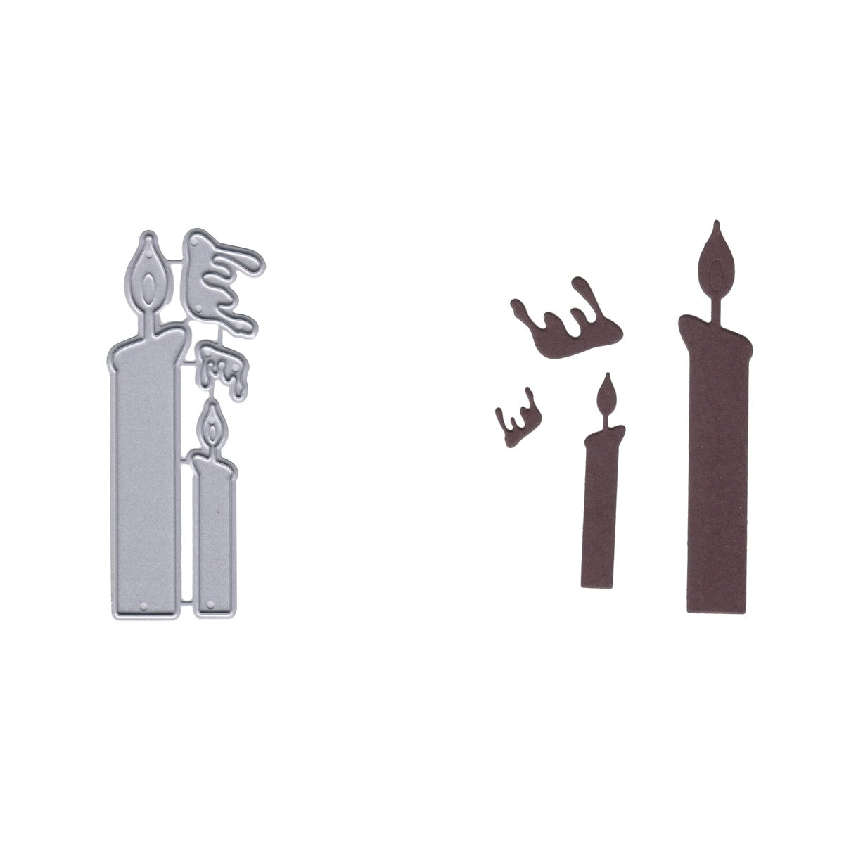 Das Stanzschablone Kerzen-Duo mit Wachs von Stanzenshop.de enthält zwei Metallschablonen für Kerzenformen und separate Wachstropfen - ideal für kreative Bastelideen oder als festliches Highlight.