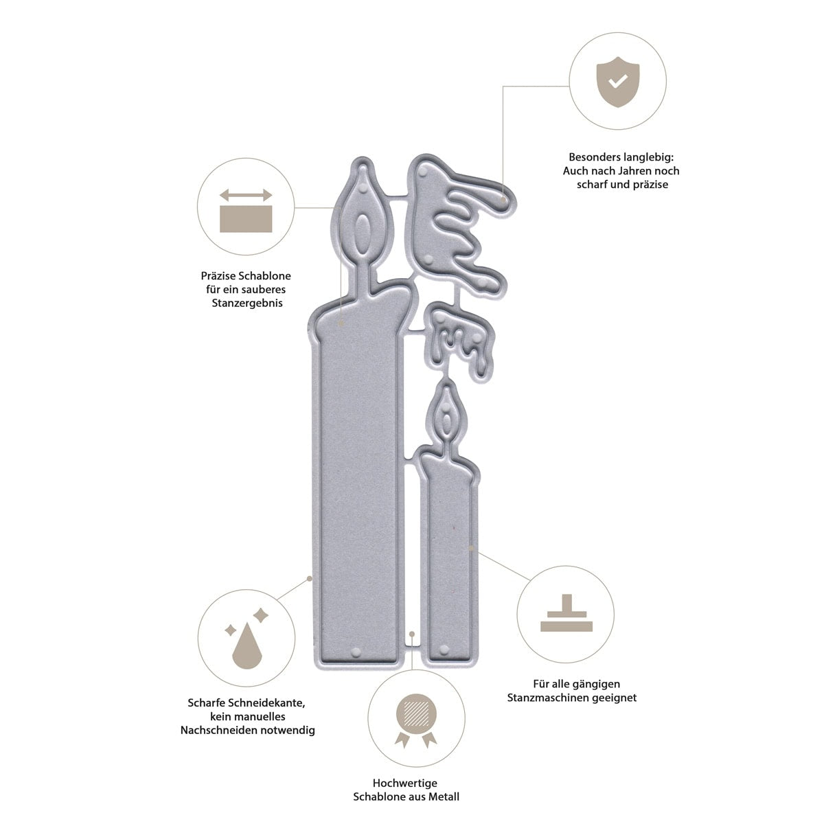 Die Stanzschablone Kerzen-Duo mit Wachs von Stanzenshop.de ermöglicht präzise Schnitte, überzeugt durch langlebiges Material und ist vielseitig einsetzbar - perfekt für Bastelideen und festliche Projekte.