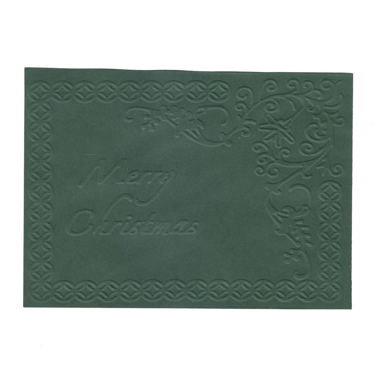 Eine grüne Weihnachtskarte, gestaltet mit der Prägemappe Merry Christmas Rahmen von Stanzenshop.de, mit geprägtem "Merry Christmas"-Text und eleganten Randverzierungen für einen festlichen Touch.