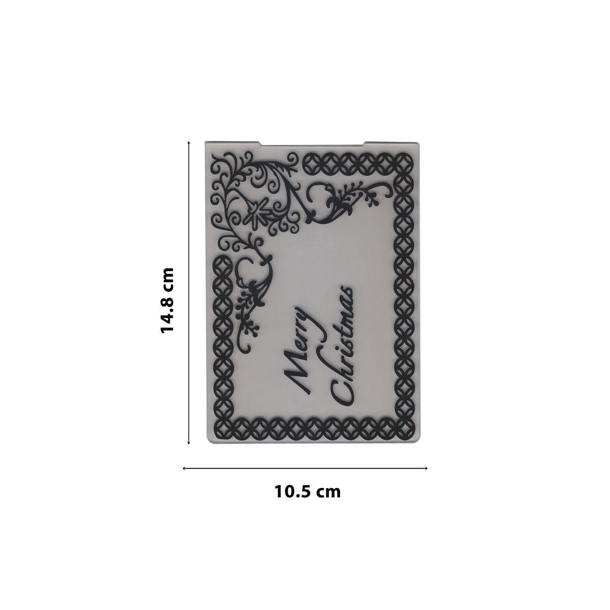 Der Embossing Folder Merry Christmas Rahmen von Stanzenshop.de kreiert eine rechteckige Karte (14,8 x 10,5 cm) mit "Merry Christmas" diagonal, verschnörkelten schwarzen Rändern und floralen Motiven - ideal für Prägeschablonen-Projekte.
