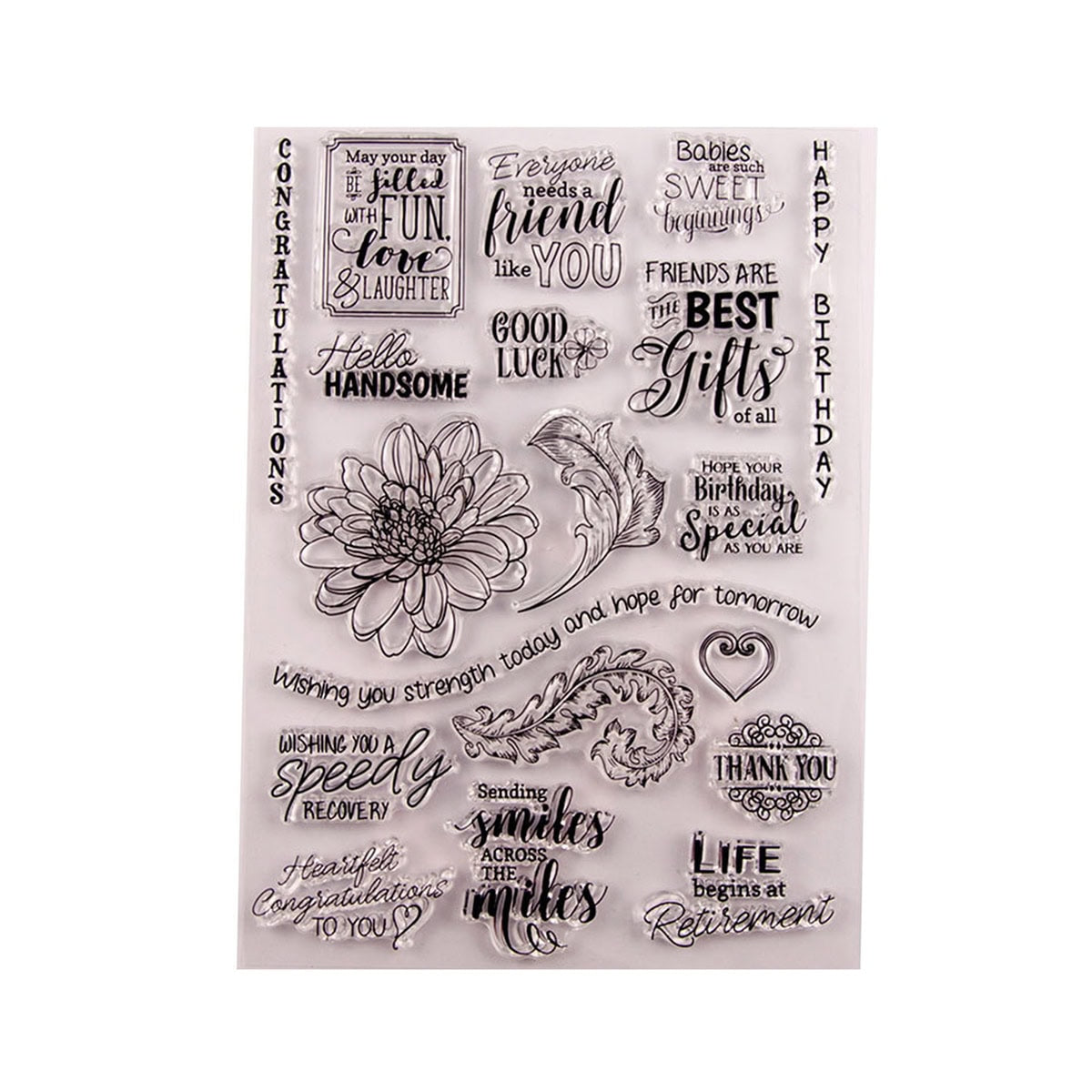 Das Clear Stamp Freundschaft & Grüße Set von Stanzenshop.de enthält Botschaften, florale Elemente und dekorative Motive - ideal für Karten gestalten mit Geburtstagswünschen, Glückwünschen und aufmunternden Grüßen.