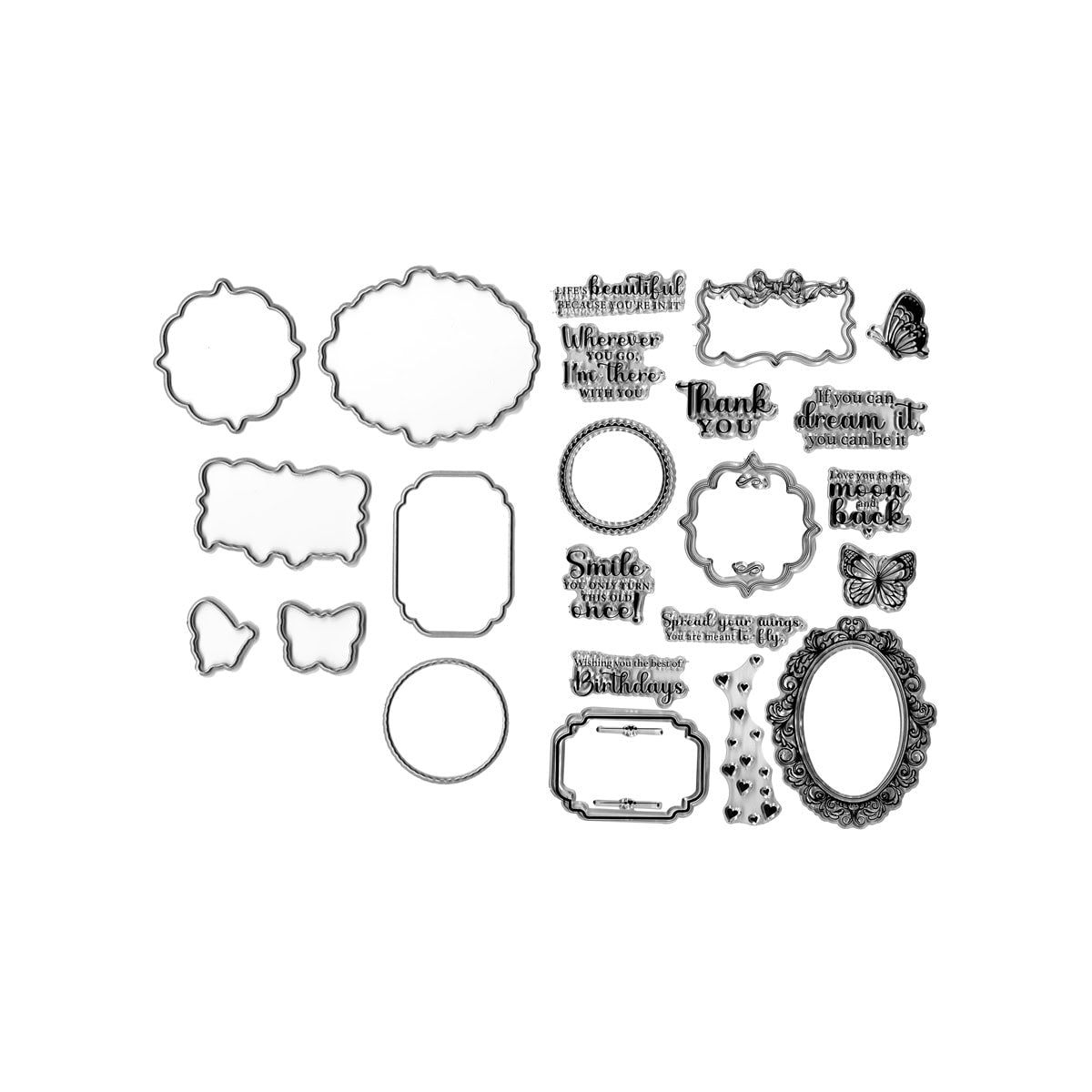 Das Clear Stamp und Stanzen Set Vintage-Rahmen & Sprüche von Stanzenshop.de enthält feine Rahmen, Schmetterlinge und Sprüche wie "Thank you" und "Smile every day" - ideal für wunderschöne Vintage Karten.