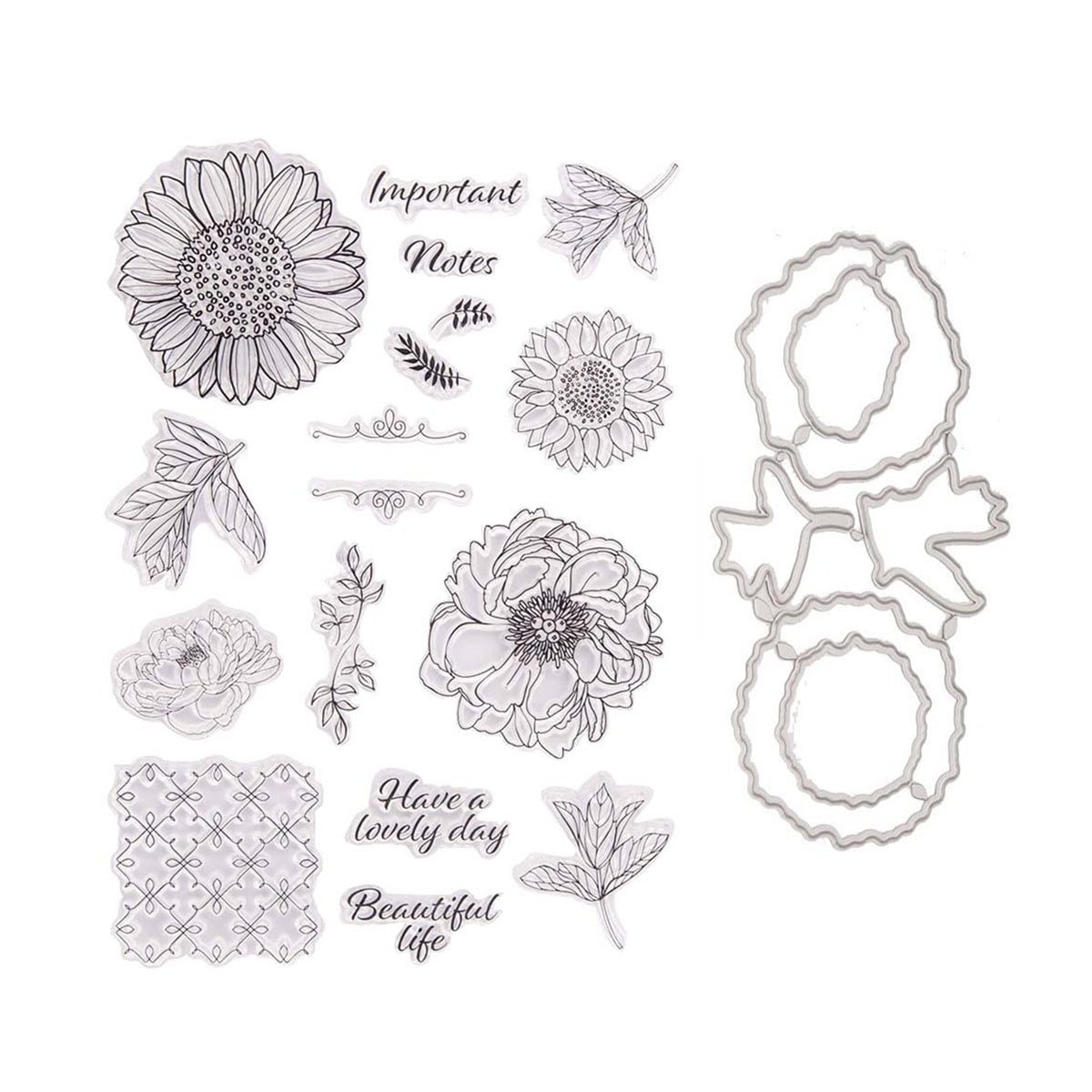 Das Clear Stamp und Stanzen Set - Blumenpracht von Stanzenshop.de enthält Blumen- und Blattstempel, passende Stanzen und Sprüche wie "Wichtige Hinweise" und "Einen schönen Tag" - ideal für einzigartige Karten.