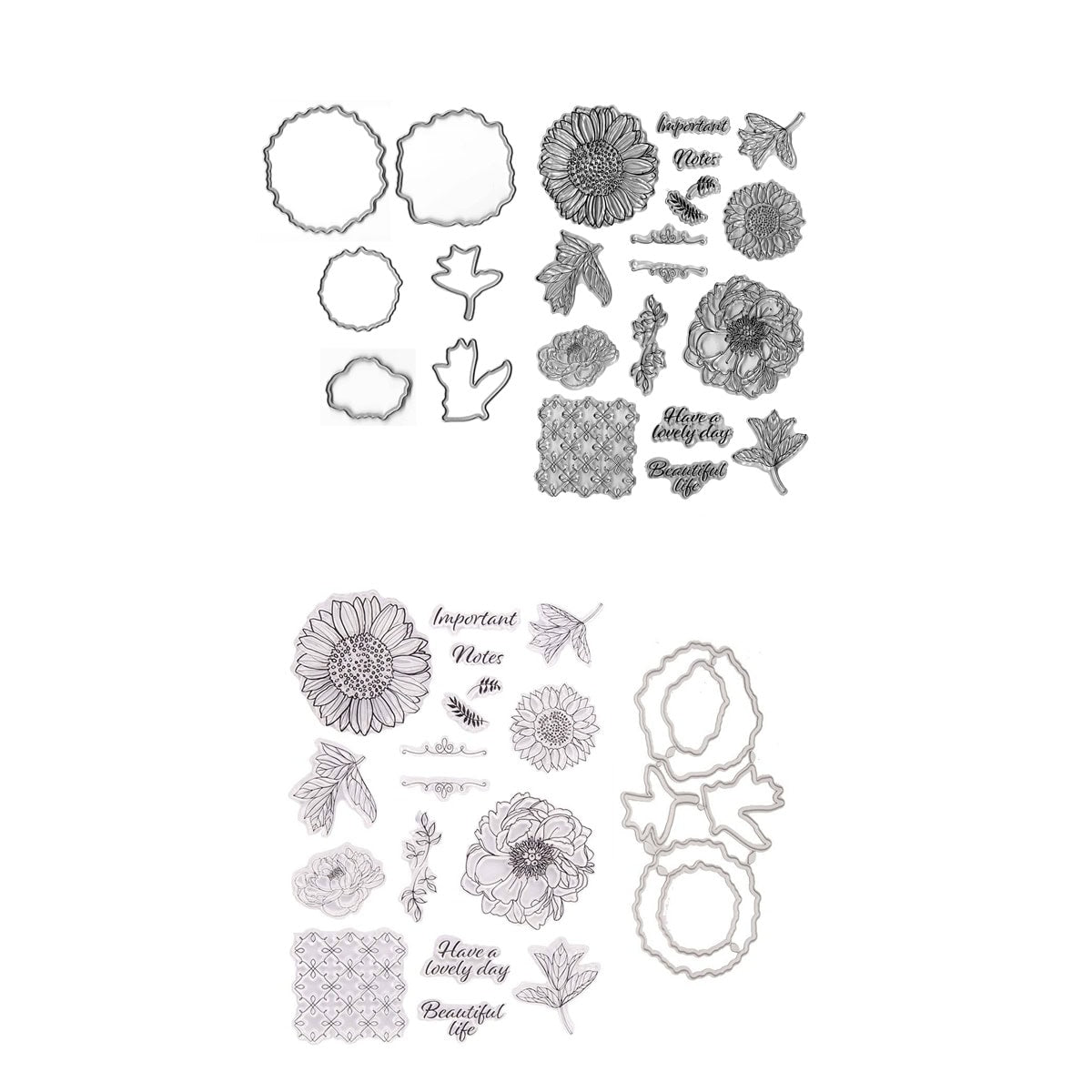 Das Clear Stamp und Stanzen Set - Blumenpracht von Stanzenshop.de enthält florale Stempel und Stanzen mit Blättern, Vögeln und Sprüchen wie "Wichtige Hinweise" und "Schönes Leben", ideal für kreative Karten, abgebildet auf weißem Hintergrund.