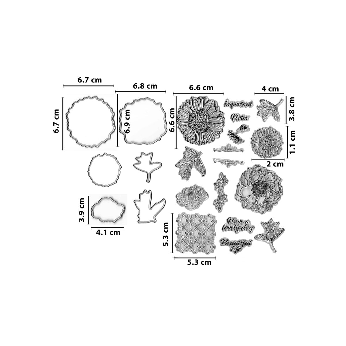 Das Clear Stamp und Stanzen Set - Blumenpracht von Stanzenshop.de bietet Blumenmotive, Blätter, Muster & Texte für Karten. Alle Maße sind in Zentimetern angegeben.
