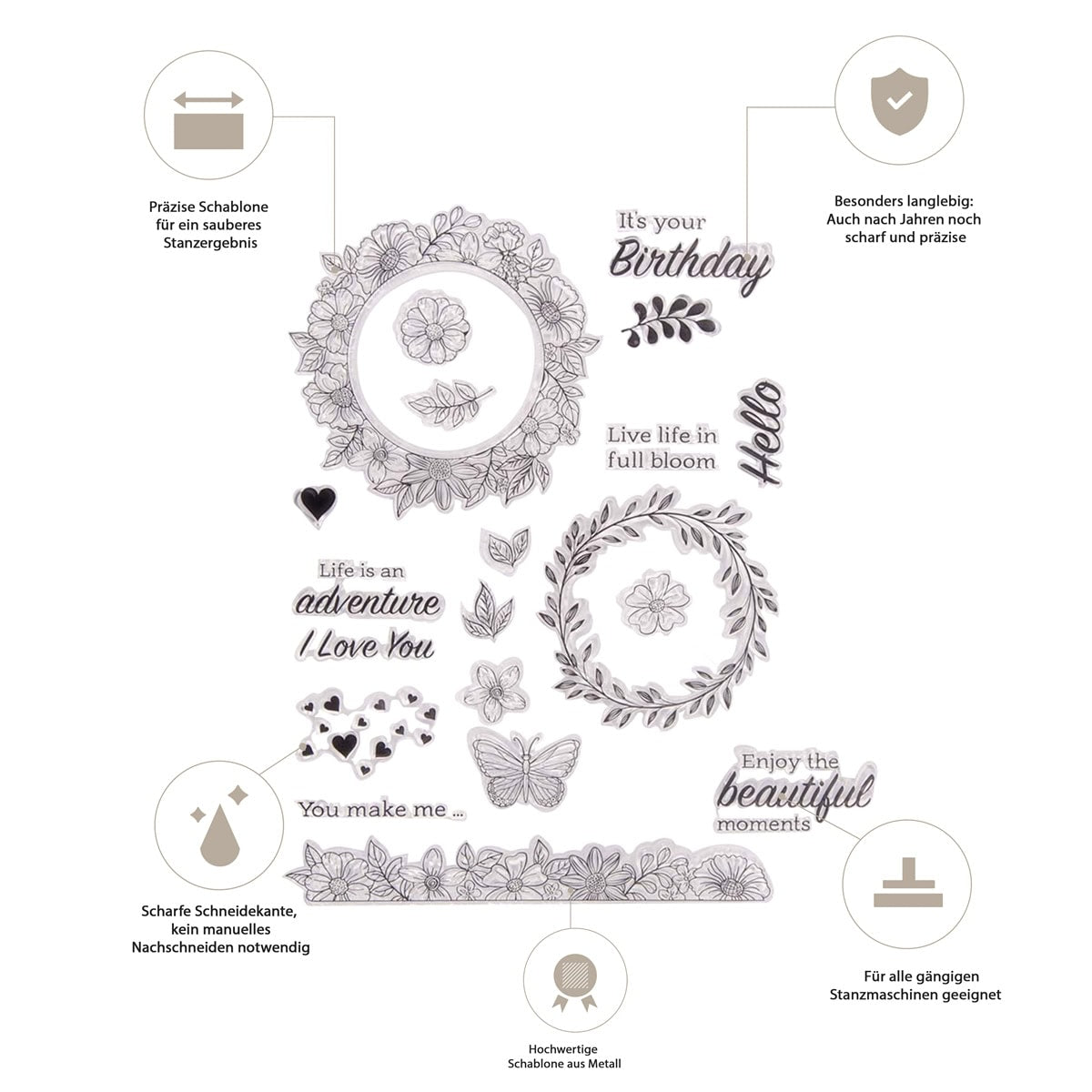 Der Clear Stamp - Florale Kränze & Schmetterling von Stanzenshop.de zeigt zarte Blumenkränze, Schmetterlinge und englische Redewendungen - perfekt für Karten. Die deutsche Produktinformation hebt die einzigartigen Details jedes Sets hervor.