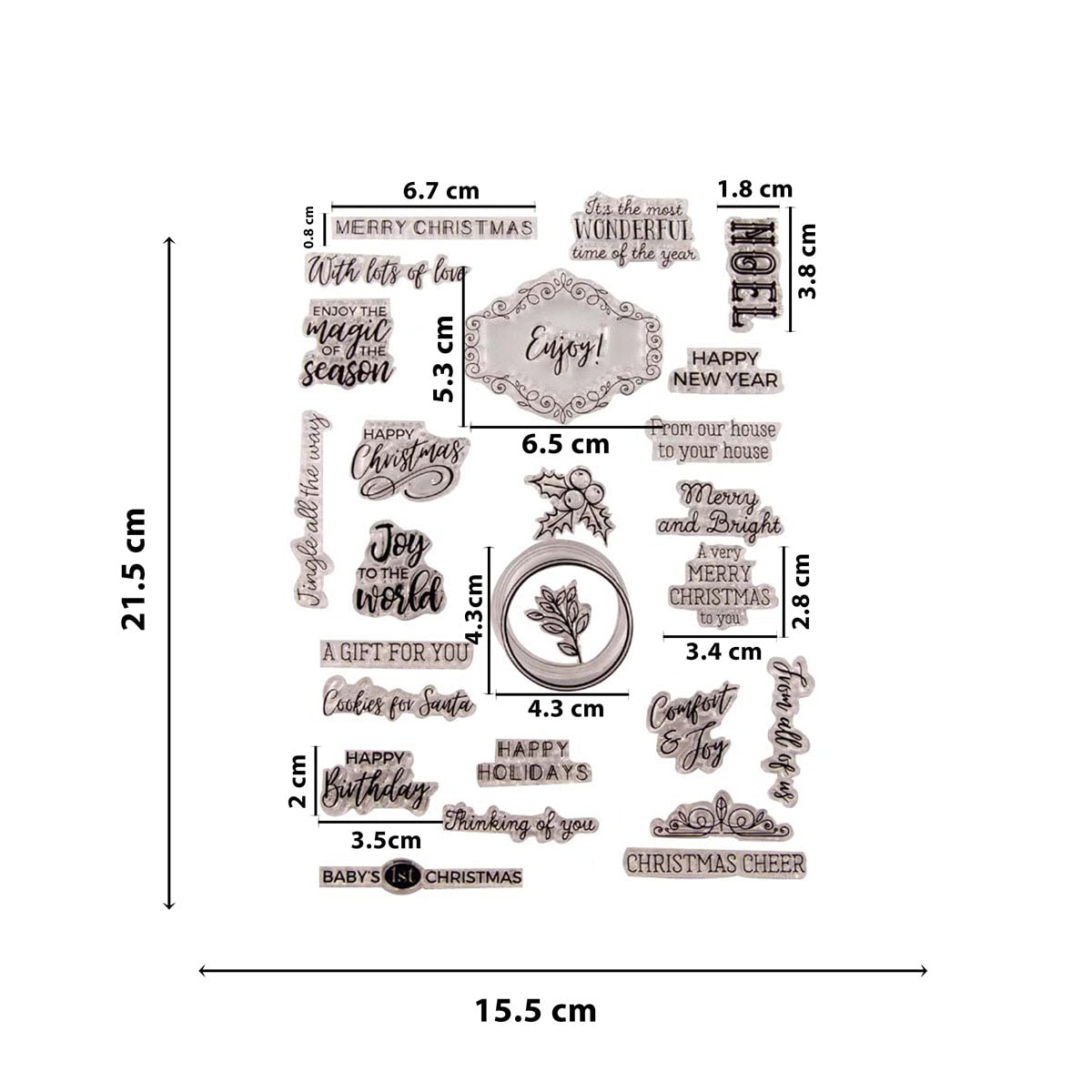 Der Klarsichtstempel Frohe Weihnachten mit festlichen Grüßen von Stanzenshop.de enthält verschiedene weihnachtliche Klarsichtstempel mit festlichen Sprüchen und Motiven. Der Bogen ist 21,5 x 15,5 cm groß, die einzelnen Stempelgrößen sind auf dem Bogen vermerkt.