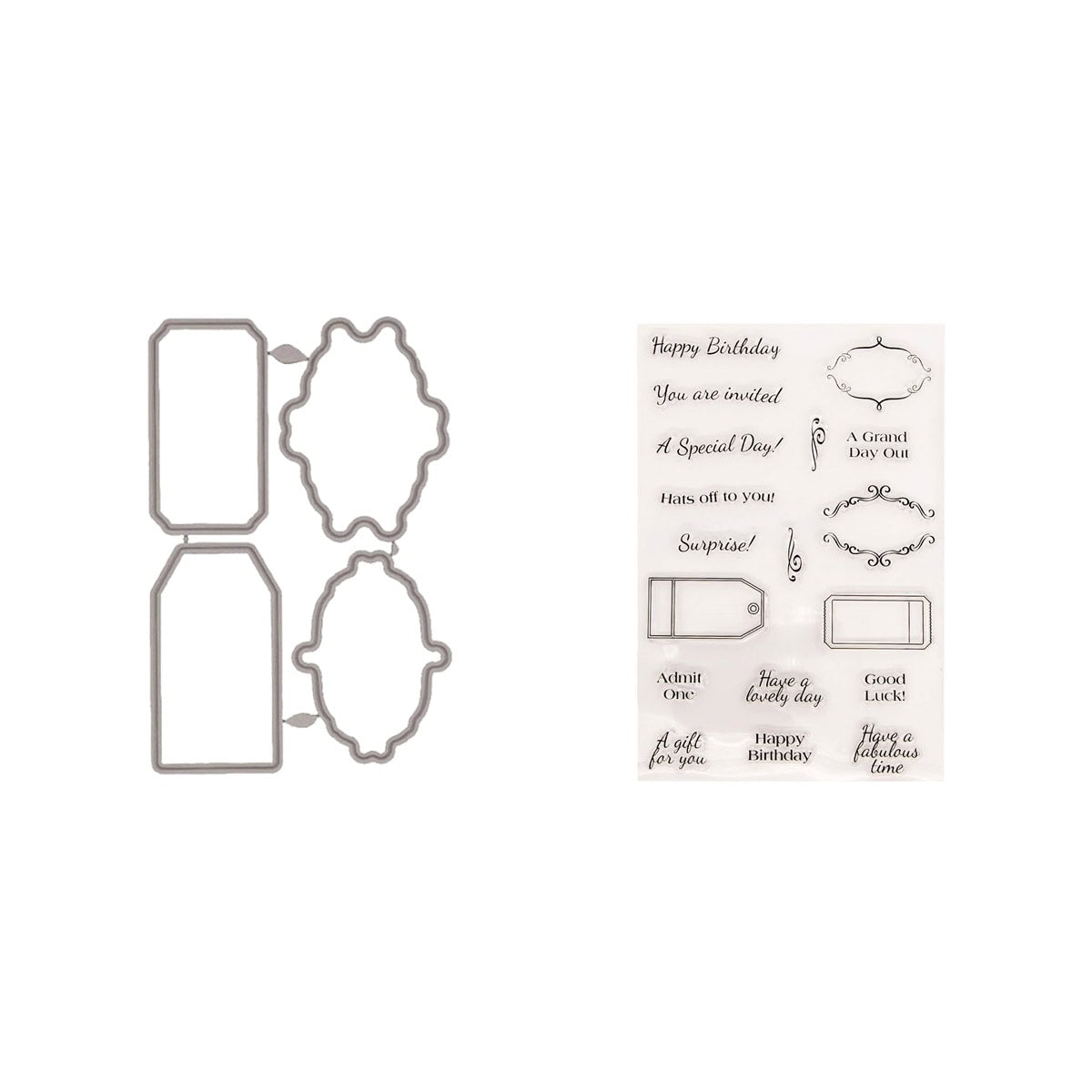Links siehst du die Stanzens aus dem Clear Stamp und Stanzen Set - Vintage Label mit englischen Texten von Stanzenshop.de, perfekt für DIY Nostalgie-Geschenkanhänger; rechts die passende Stempelplatte mit englischen Grüßen.