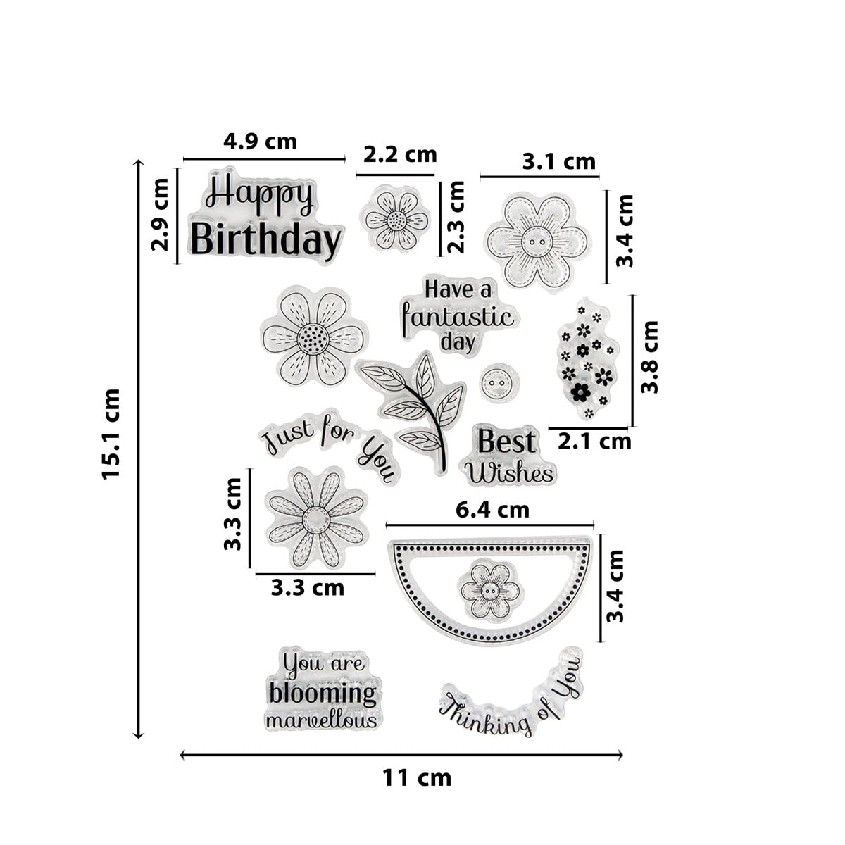 Der Clear Stamp - Blumen & Wünsche zum Geburtstag von Stanzenshop.de zeigt florale Motive und Grüße wie "Happy Birthday", "Just for You" und "Best Wishes" auf einem 11 x 15,1 cm großen Bogen, perfekt für Geburtstagskarten.