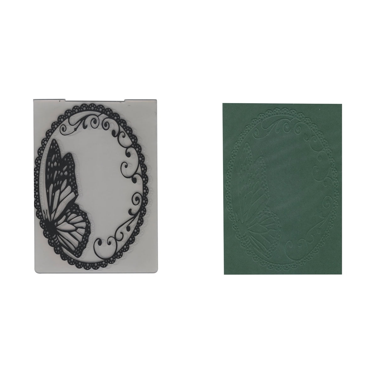 Mit dem Embossing Folder - Schmetterling im Spitzenrahmen von Stanzenshop.de entsteht ein transparenter, geprägter Schmetterlings-Spitzenrahmen, hier links im Bild, rechts auf grünem Karton in seiner Wirkung.