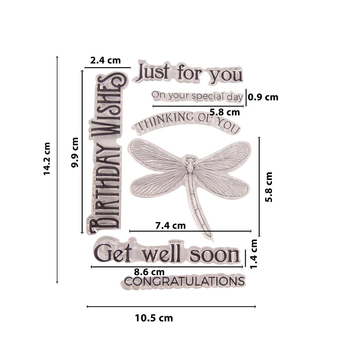 Der Clear Stamp "Libelle & liebevolle Wünsche" von Stanzenshop.de bietet stilvolle Sprüche wie "Geburtstagswünsche", "Just for you" und ein elegantes Libellenmotiv - perfekt für kreative Grußkarten!.