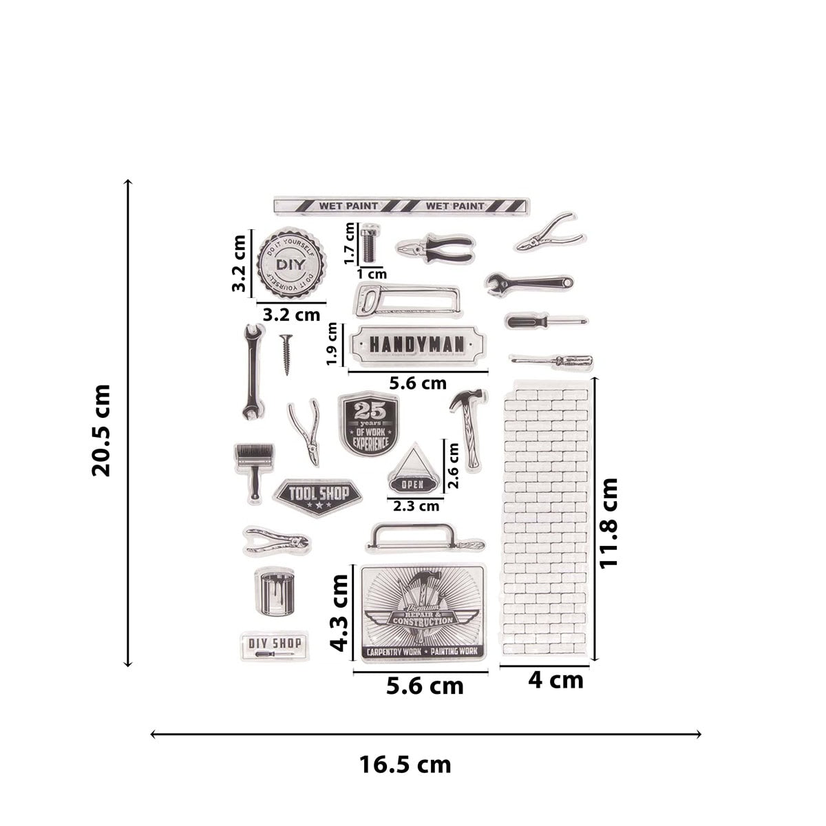 Das Clear Stamp - Werkzeug-Set für echte Macher von Stanzenshop.de bietet Handwerker-Stempel mit Werkzeug-, Etiketten- und Schildermotiven - alle mit beschrifteten Maßen; Bogengröße 20,5 x 16,5 cm - ideal für DIY-Projekte oder Männerkarten.