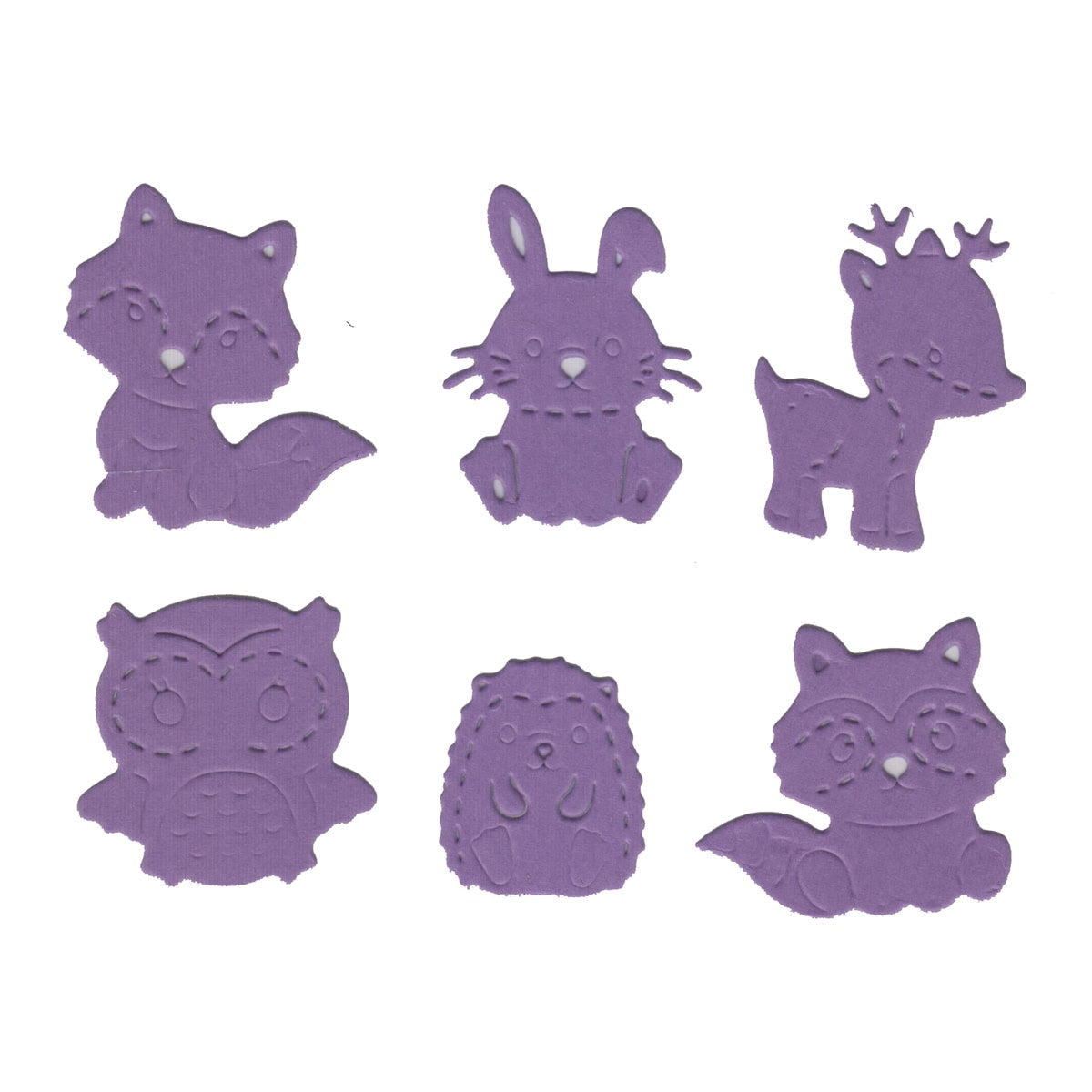 Sechs Mini-Waldtiere von Stanzenshop.de - Fuchs, Hase, Reh, Eule, Igel und Waschbär - in zwei Reihen auf Weiß angeordnet; ideal für Kindergartenprojekte oder kreative Geschenkverpackungen.