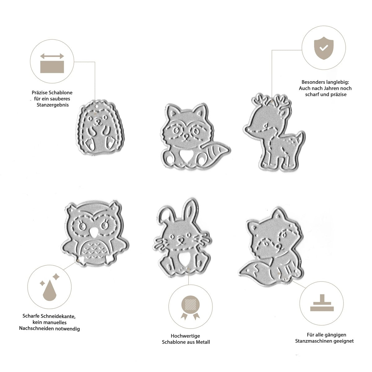 Die Stanzschablone Mini Waldtiere von Stanzenshop.de enthält sechs Metallstanzen - Igel, Katze, Hirsch, Eule, Hase und Fuchs - ideal für Karten und Geschenkverpackungen. Ein deutscher Text unterstreicht den kreativen Einsatz.