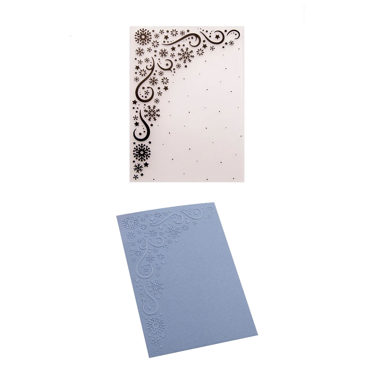 Der Embossing Folder - Schneeflockenrahmen mit Sternen von Stanzenshop.de prägt mit seinem Schneeflocken- und Sternendesign ein blaues Papier - ideal für winterliche Bastelarbeiten oder als eleganter Kartenhintergrund.