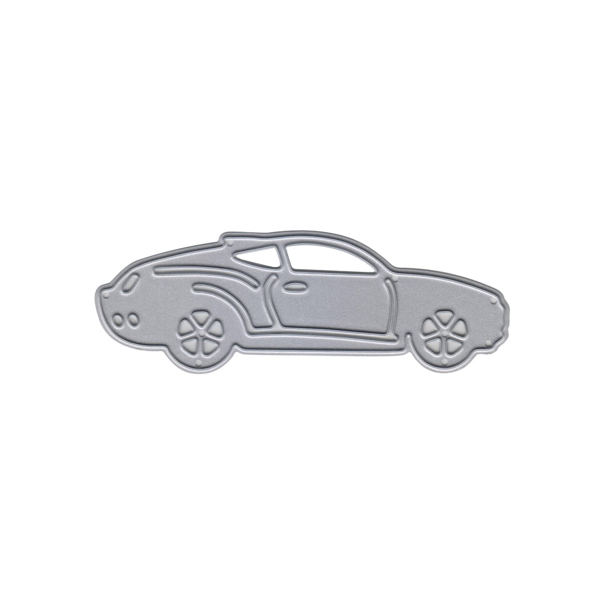 Die Stanzschablone Sportwagen von Stanzenshop.de zeigt den grauen Umriss eines Sportwagens mit Rädern, Fenstern und Tür - ideal als kreative Inspiration für Autofans oder als cooles Projekt am Basteltisch.