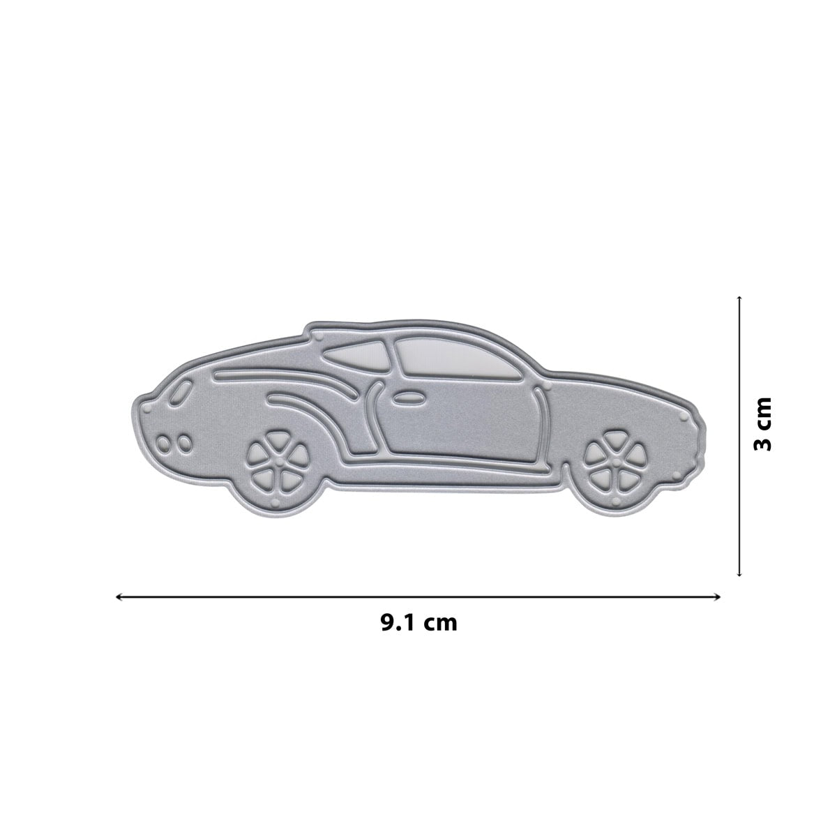 Die Stanzschablone Sportwagen von Stanzenshop.de ist ein silberner Autowürfel (9,1 cm x 3 cm), ideal für kreative Autofans oder als Sportwagen-Akzent auf dem Basteltisch, dargestellt auf weißem Hintergrund.