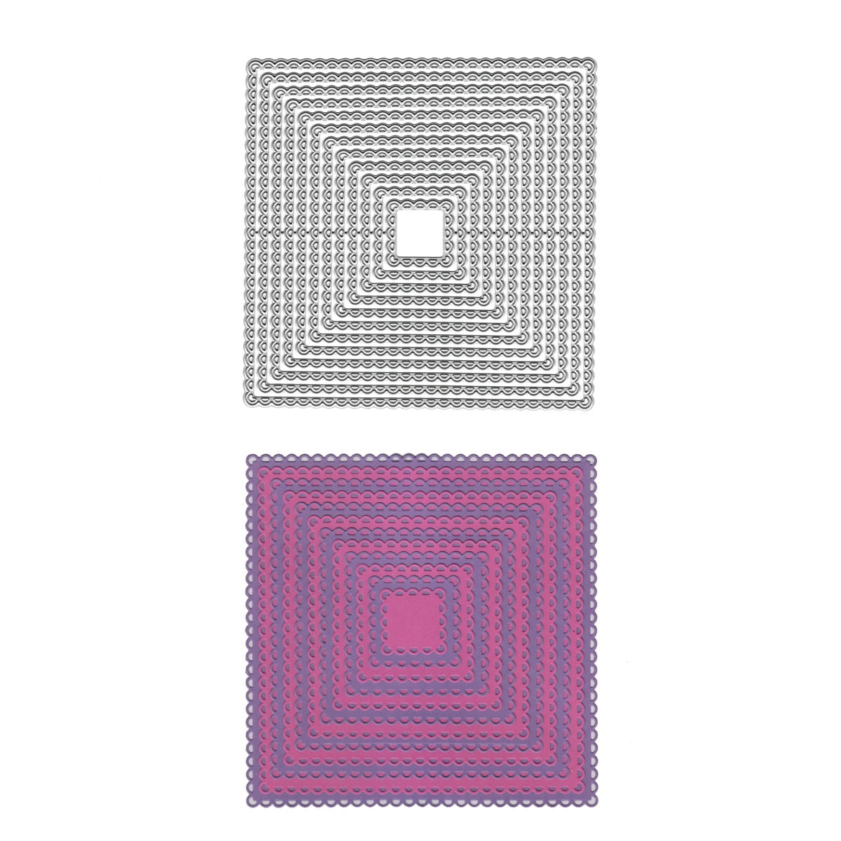 Zwei "Stanzschablone Quadrate mit Wellenrand" von Stanzenshop.de sind vertikal angeordnet - oben ein metallischer Umriss, unten eine pinke Fläche. Ideal als dekorativer Akzent für kreative Projekte.