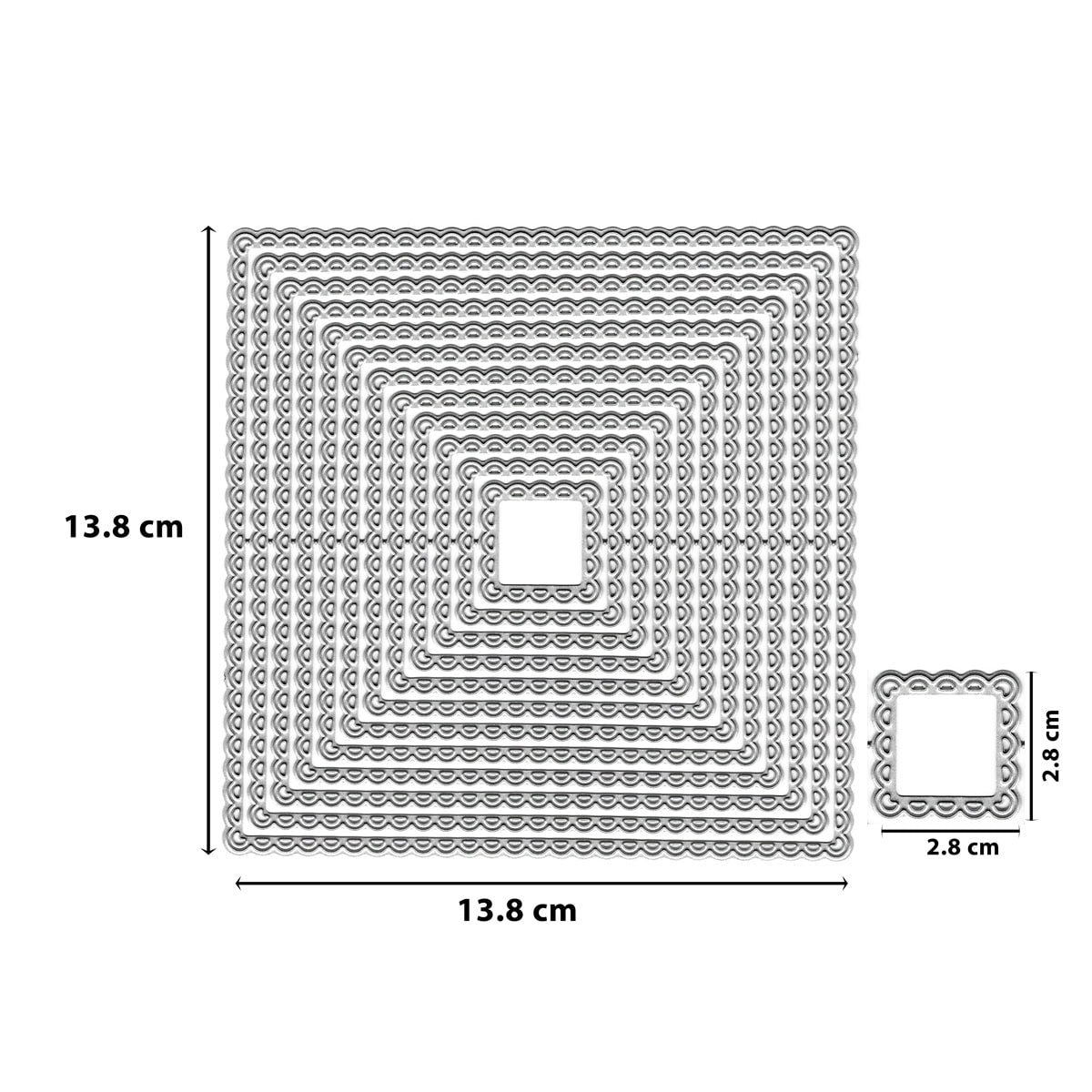 Die Stanzschablone "Quadrate mit Wellenrand" von Stanzenshop.de ist ideal für kreative Projekte: Das größte Quadrat misst 13,8 cm, das kleinste 2,8 cm - perfekt als dekorative Akzente!.