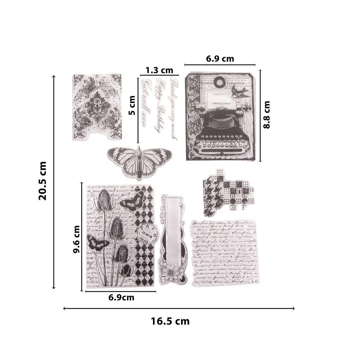 Setzen Sie nostalgische Akzente mit dem "Clear Stamp - Vintage Mix mit Schreibmaschine" von Stanzenshop.de, mit Schreibmaschine, Schmetterlingen, Blumenmotiven, Mustern und Schrift. Alle Stempel sind mit beschrifteten Größen auf weißem Hintergrund abgebildet.