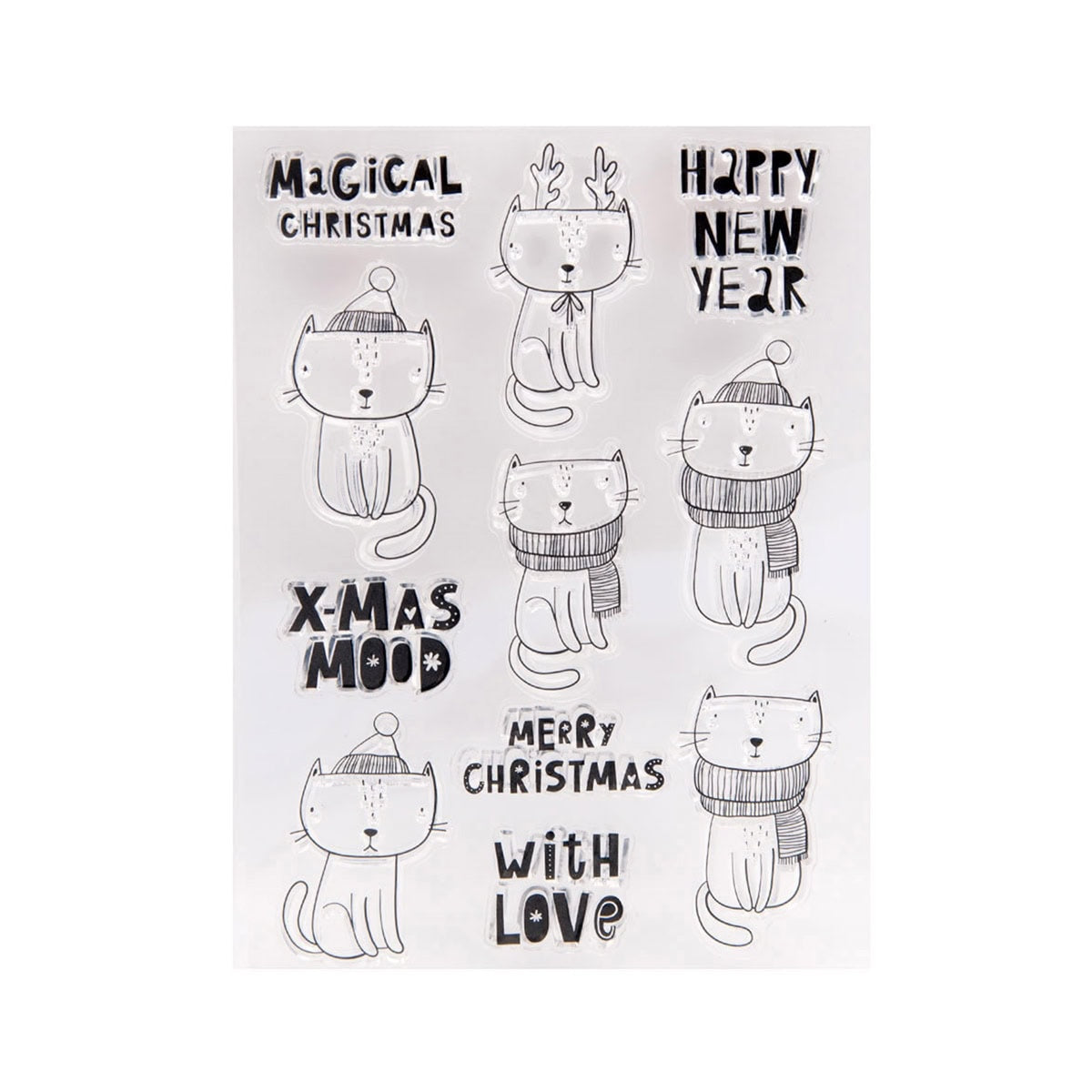 Die Clear Stamp Weihnachtskatzen & Sprüche von Stanzenshop.de zeigt Schwarz-Weiß-Illustrationen von sechs Katzen in Wintermützen und Schals mit festlichen Sprüchen - ideal für Weihnachtskarten und Liebhaber charmanter Katzenmotive.