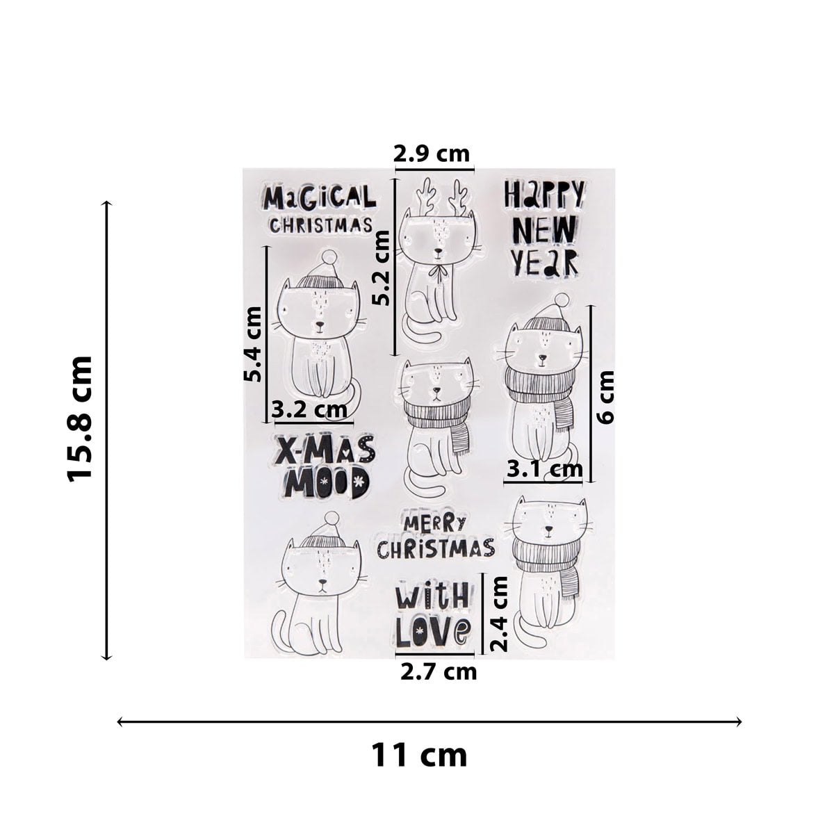 Der Clear Stamp Weihnachtskatzen & Sprüche von Stanzenshop.de zeigt sechs schwarz-weiße Weihnachtskatzenmotive mit Grüßen, ideal für Weihnachtskarten, alle auf einem Bogen von 15,8 x 11 cm.
