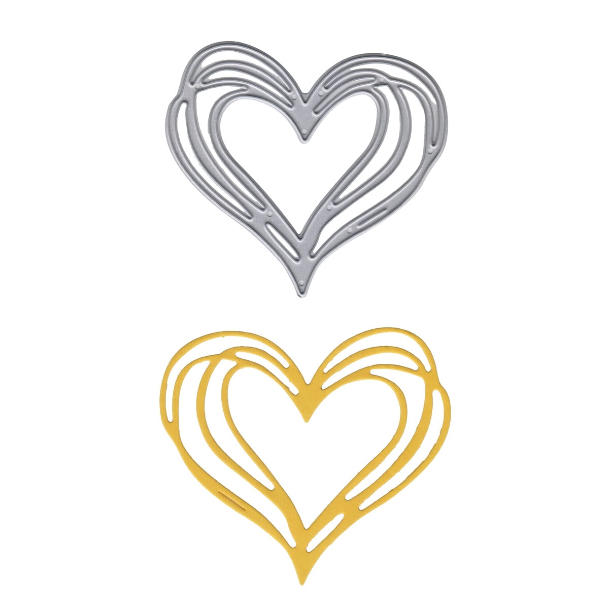 Die Stanzschablone Herz im Linien-Look von Stanzenshop.de zeigt silberne und gelbe, übereinander angeordnete Linien-Herzen auf Weiß - ideal für Hochzeitseinladungen oder Valentinskarten.