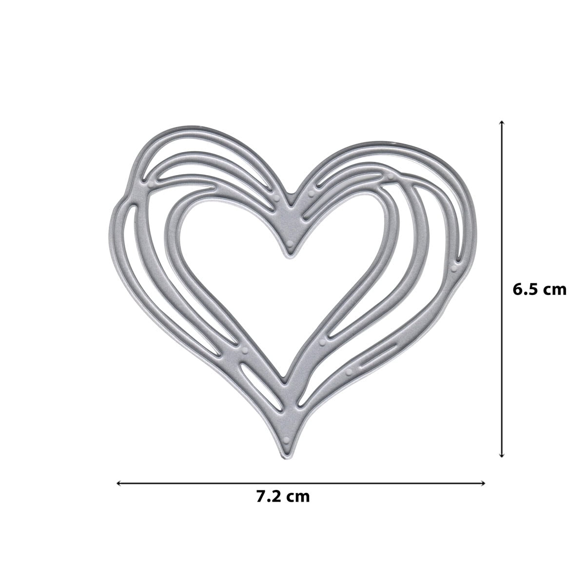 Die Stanzschablone Herz im Linien-Look von Stanzenshop.de ist 7,2 cm breit und 6,5 cm hoch - perfekt für Hochzeitseinladungen oder Valentinskarten. Das silberne Metall-Design zeigt ein offenes, mehrlagiges Herzmotiv.
