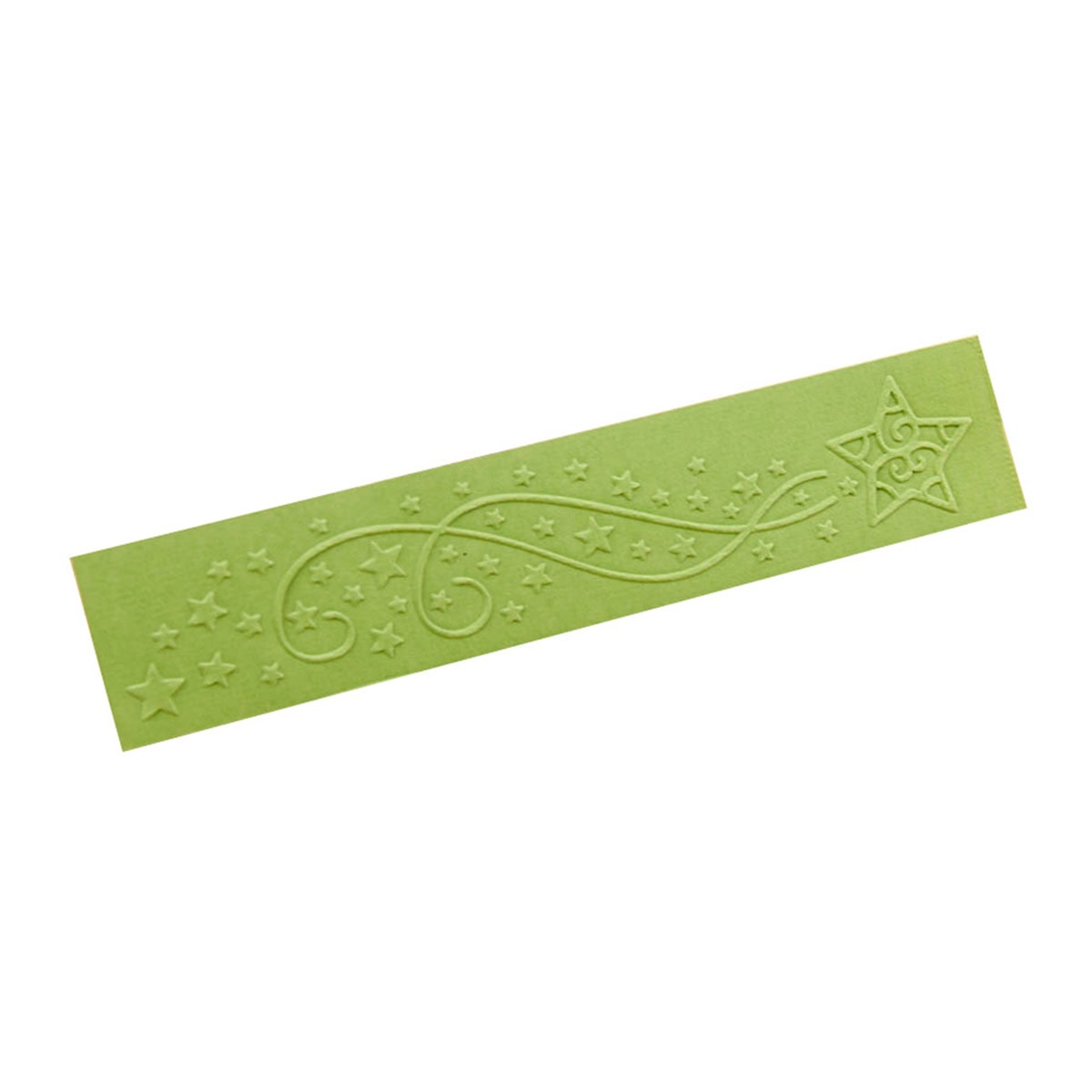 Mit dem Embossing Folder Sternenschweif von Stanzenshop.de lassen sich grüne, rechteckige Papierstreifen mit geprägten Sternen und Wirbeln herstellen, die ein markantes Sternenschweif-Design aufweisen - ideal für Bastelprojekte.