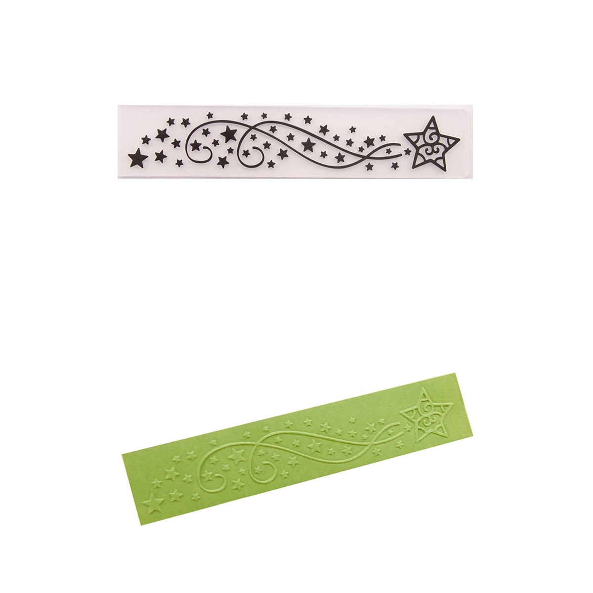 Der Embossing Folder Sternenschweif von Stanzenshop.de zeigt eine schwarze Stern- und Wirbelschablone auf weißem Grund, die über der Prägefläche eines Sternenschweifs auf grünem Papier abgebildet ist.