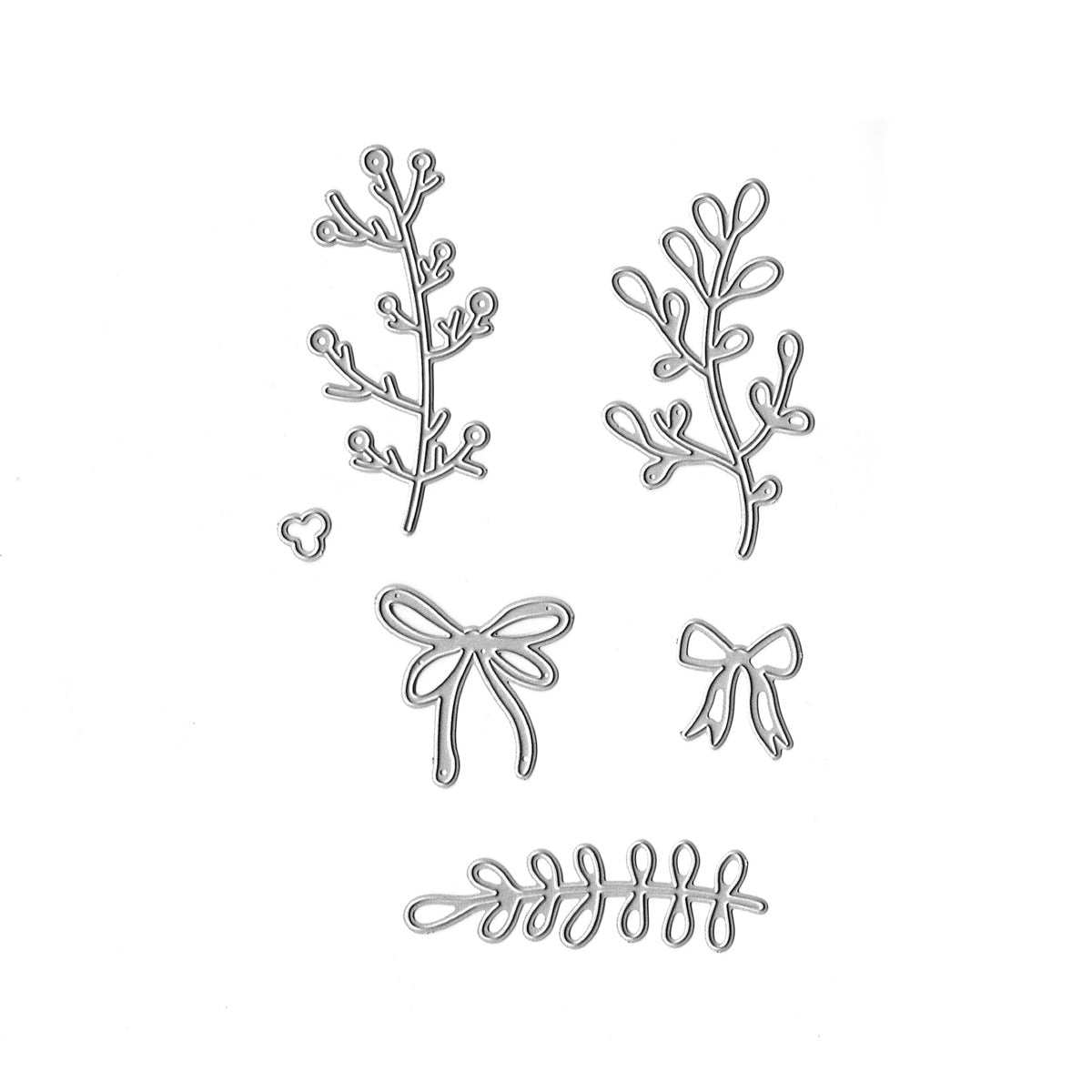 Die Stanzschablone Zweige & Schleifen-Mix von Stanzenshop.de enthält sechs Metallstempel - zwei Zweige, zwei Schleifen, eine kleine Blume und einen belaubten Stiel - ideal für florale Designs und Geschenkdeko, abgebildet auf weißem Hintergrund.