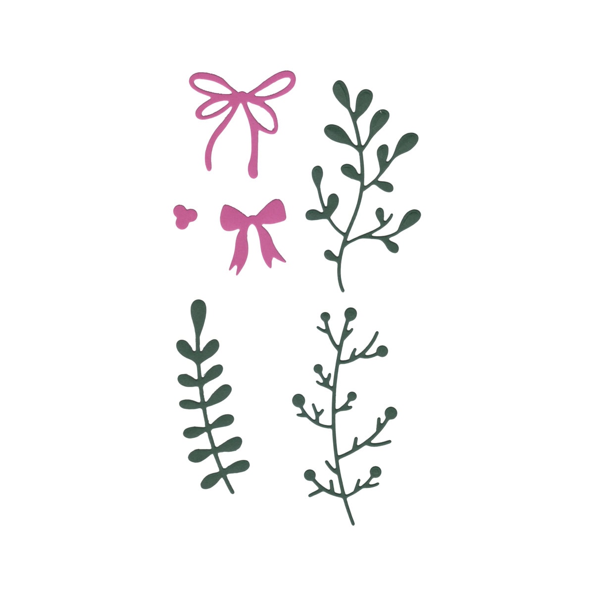 Vier grüne botanische Silhouetten und drei rosa Schleifen aus dem Stanzschablone Zweige & Schleifen-Mix von Stanzenshop.de, arrangiert auf weißem Hintergrund für eine charmante Mischung aus Geschenkdeko, Naturmotiven und floralen Designs.