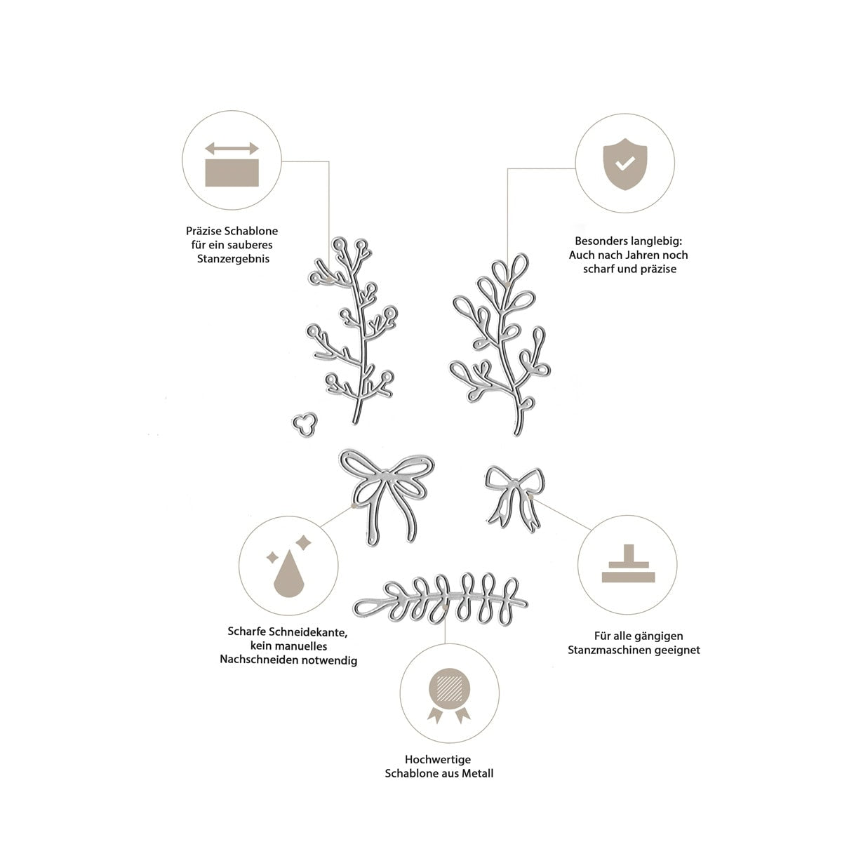Schematische Darstellung der Stanzschablone Zweige & Schleifen-Mix von Stanzenshop.de-Metallstanzschablonen mit präzisen, haltbaren Kanten, maschinentauglich, ideal für Geschenkdekorationen und kreative Projekte.