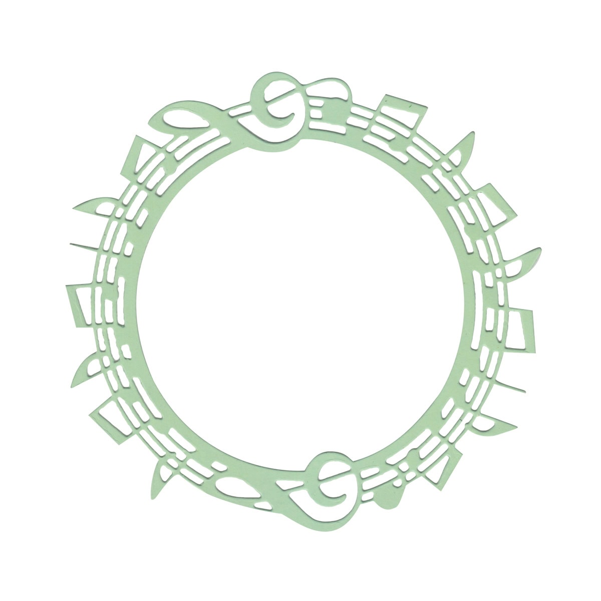 Die Stanzschablone Musiknoten-Kranz von Stanzenshop.de zeigt einen kreisförmigen Kranz aus hellgrünen Noten und Notensystemen, der eine dekorative Umrandung mit einer leeren Mitte bildet - ideal für kreative Bastelprojekte.