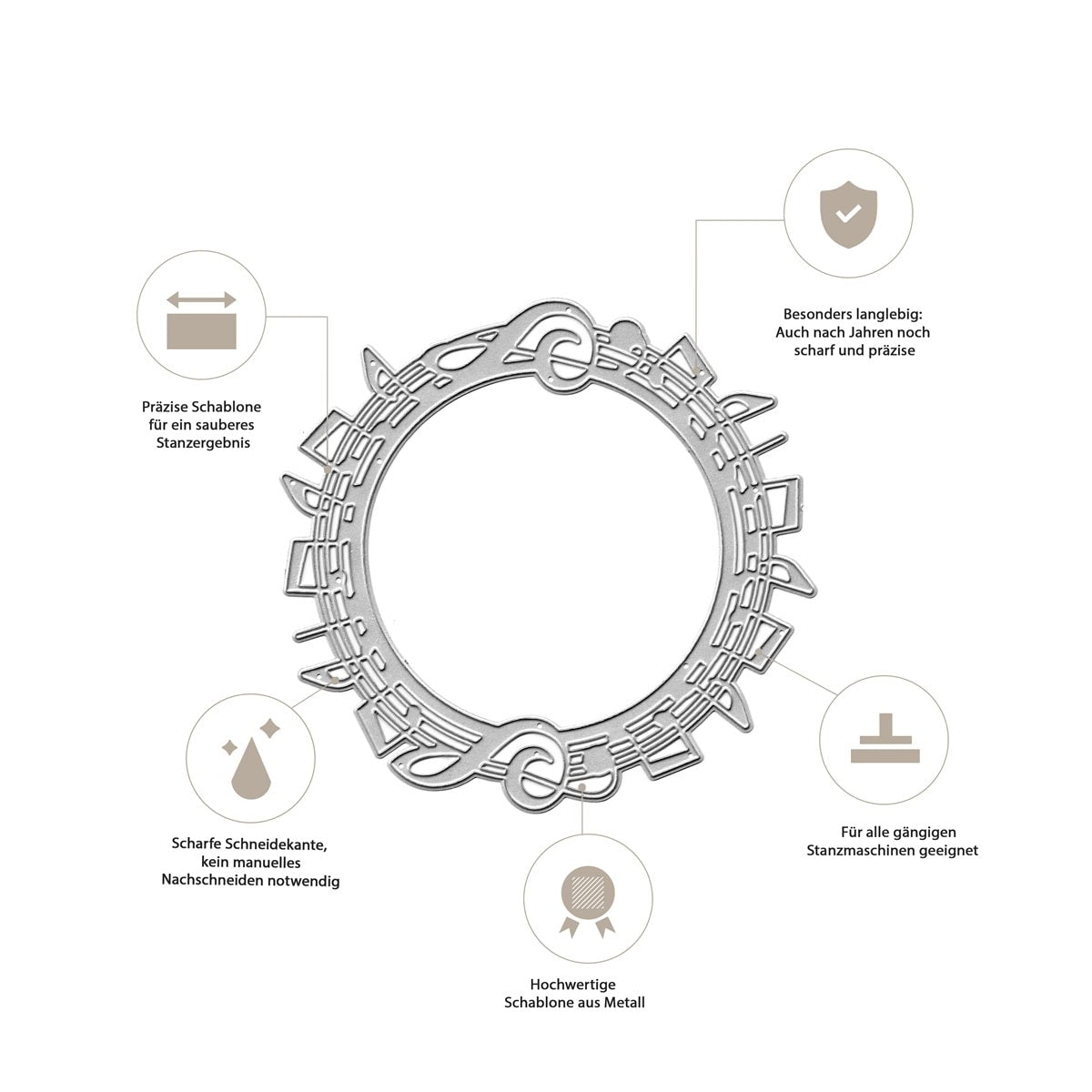 Die Stanzschablone Musiknoten-Kranz von Stanzenshop.de ist eine runde Metallschablone mit Noten- und Kranzausschnitten, vier Symbolen und deutschem Text, die durch ihre Langlebigkeit, scharfe Kanten, hochwertiges Material und Maschinentauglichkeit besticht.