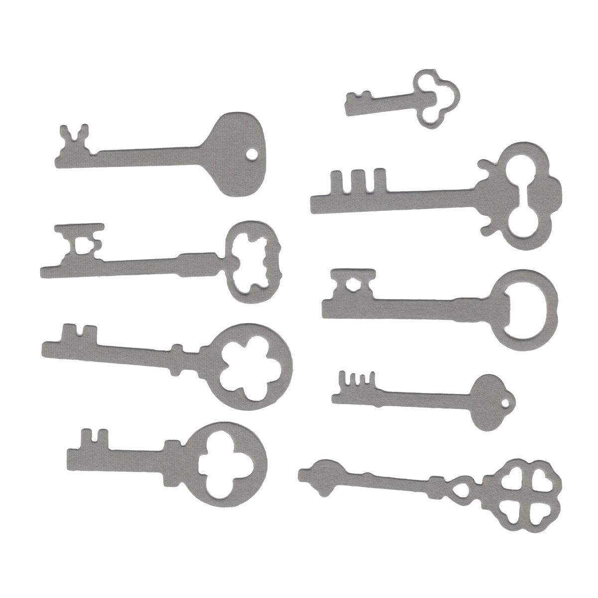 Das Stanzschablone Vintage-Schlüssel Set von Stanzenshop.de bietet neun einzigartige Metallschlüssel im Vintage-Stil in zwei vertikalen Spalten auf weißem Hintergrund - ideal für Bastelideen oder dekorative Displays.