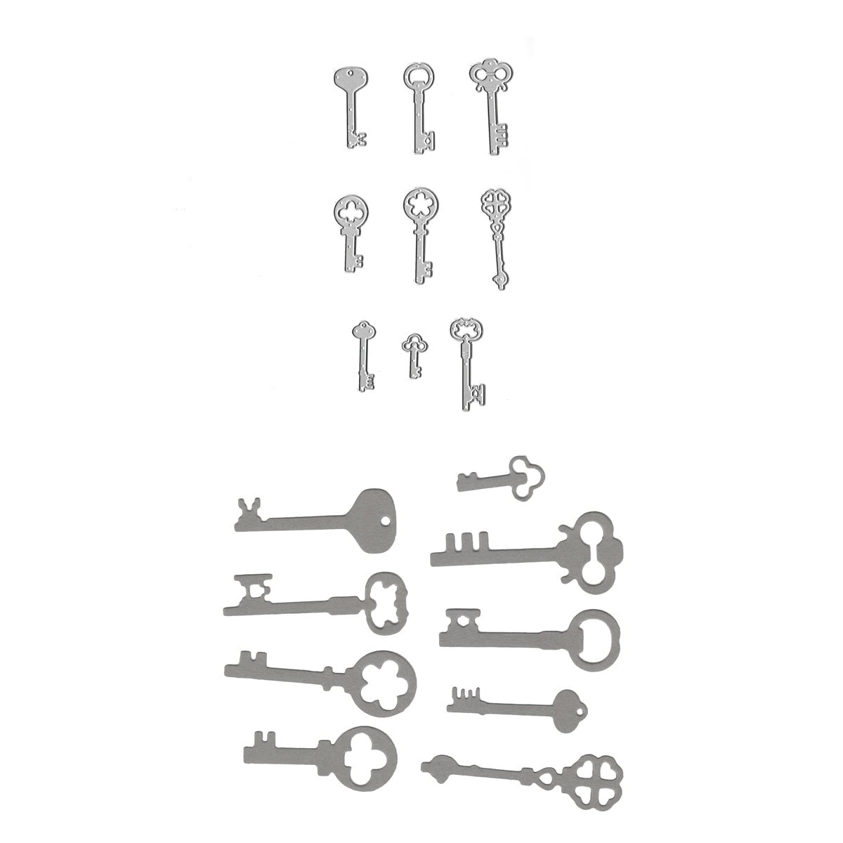 Das Stanzschablone Vintage-Schlüssel Set von Stanzenshop.de zeigt nostalgische Schlüssel in Reihen, mit kleinen und großen Silhouetten auf weißem Hintergrund - ideal für Bastelideen mit charmantem Retro-Look.