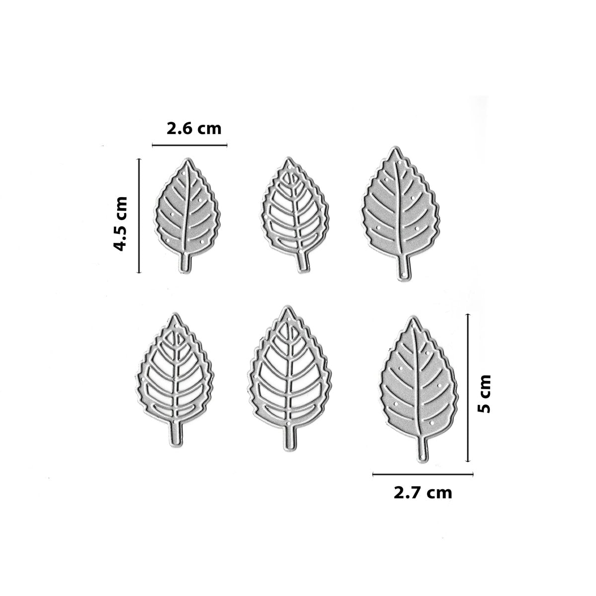 Die Stanzschablone Blätter-Mix mit Adern und Kontur von Stanzenshop.de enthält sechs Stanzformen in Blattsilber (2,6 × 4,5 cm, 2,7 × 5 cm), ideal für Bastelideen oder kreative Herbstprojekte.