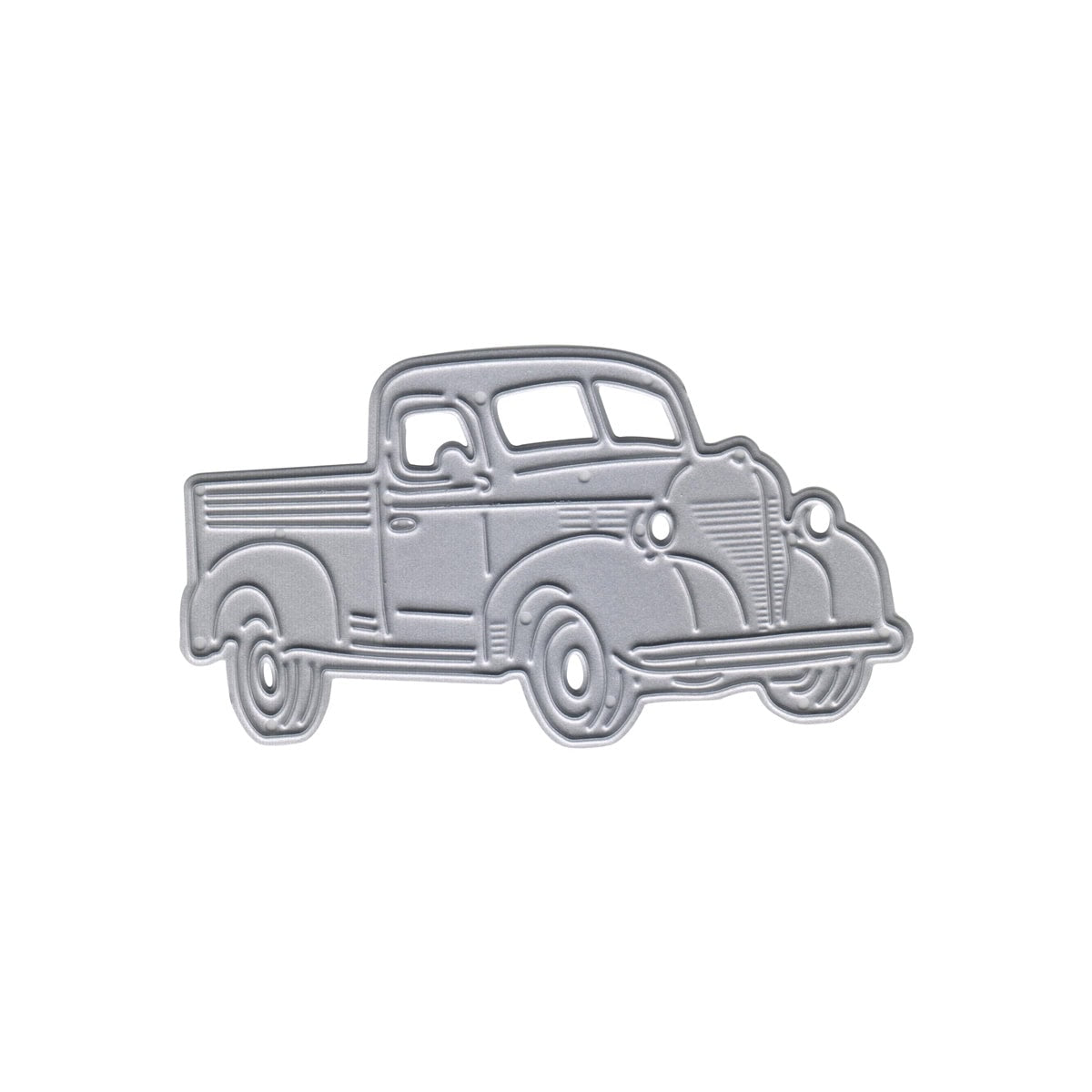 Umrissillustration der Stanzschablone Retro-Truck mit Ladefläche von Stanzenshop.de in silber mit einfachen erhabenen Details auf weiß-ideal für nostalgische Bastelideen oder Scrapbooking-Projekte.